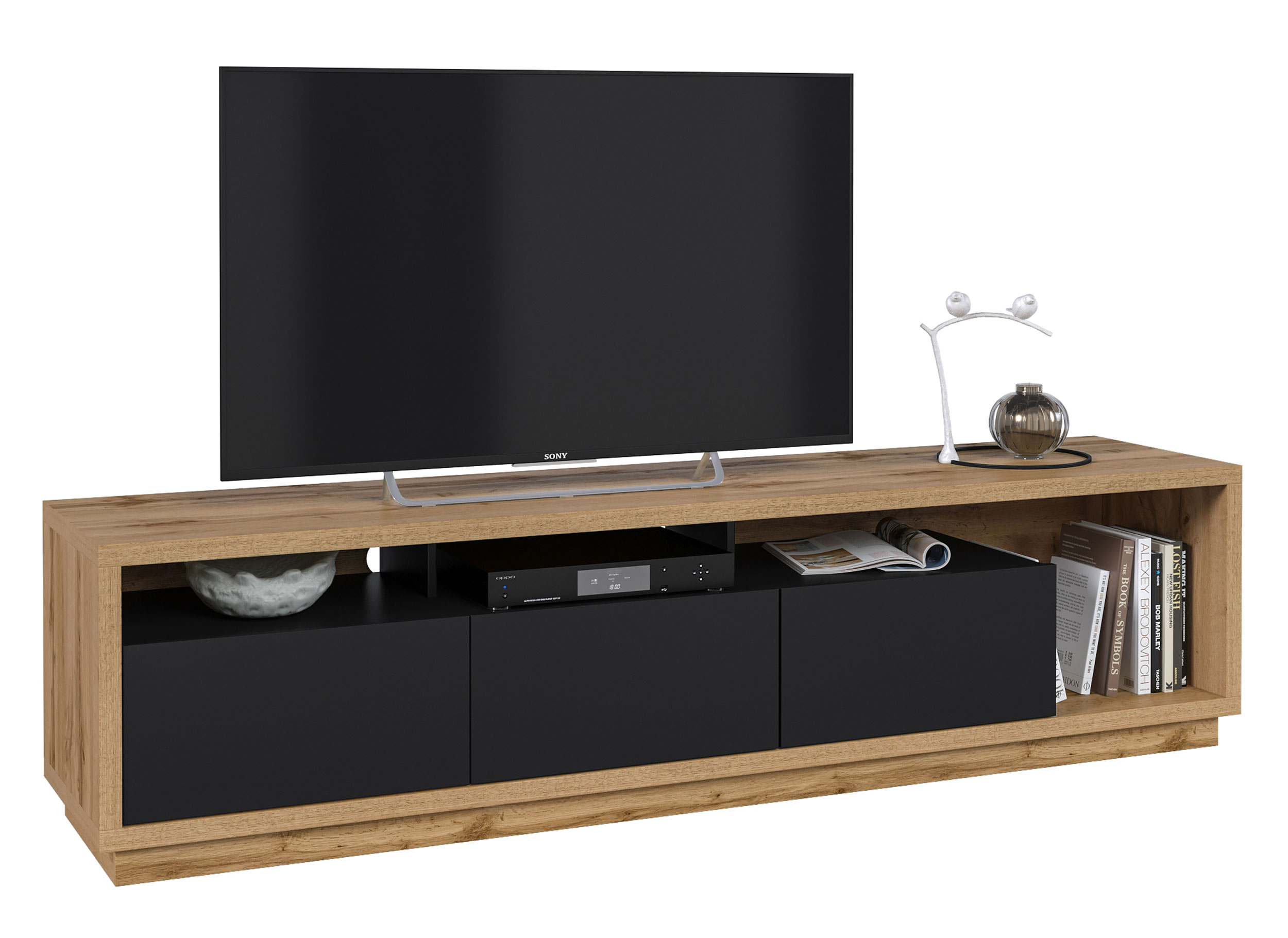 Szafka RTV Timellin 200 cm dąb wotan/czarna - zdjęcie 1