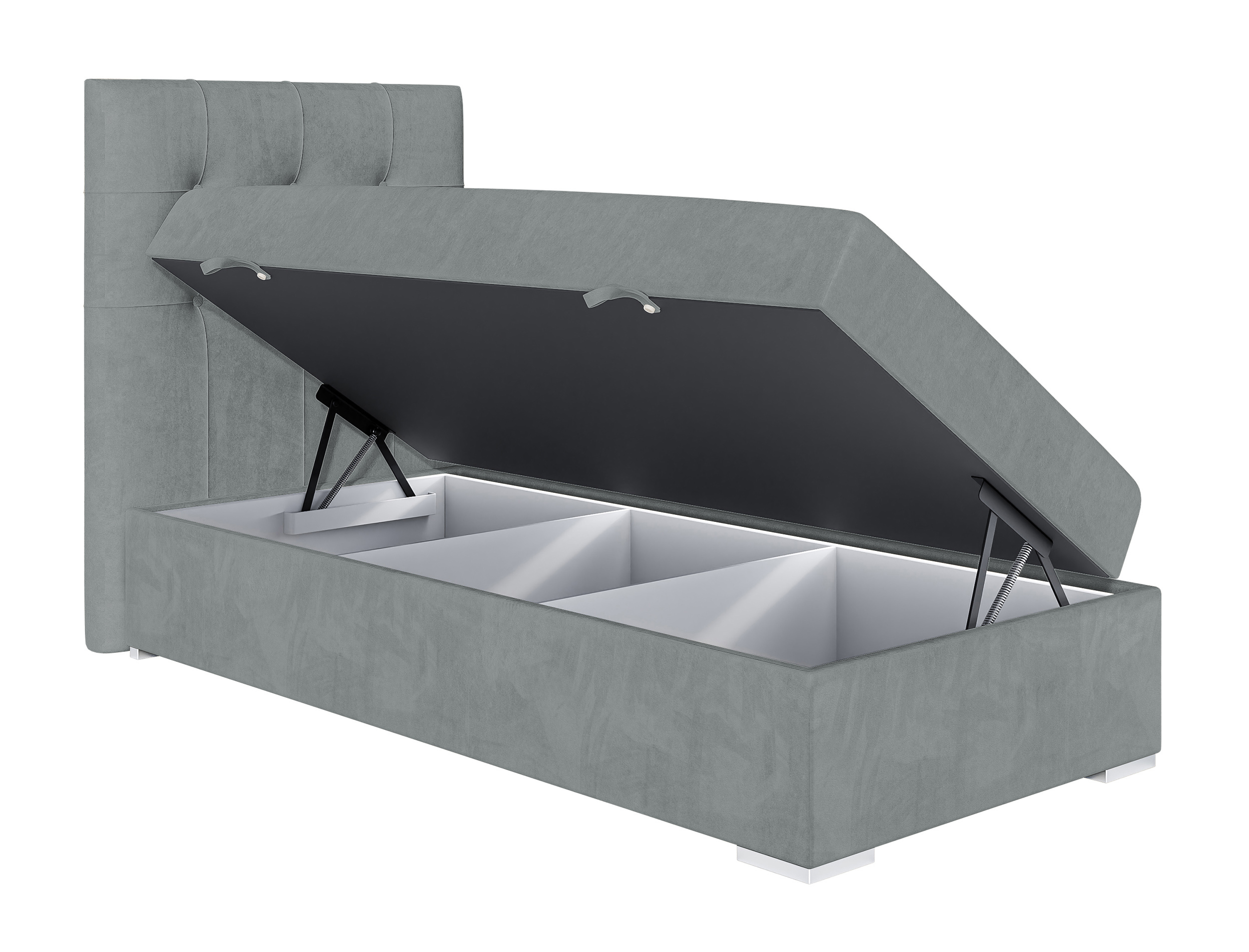 Łóżko kontynentalne 90x200 cm Tondela z pojemnikiem i topperem szare welur hydrofobowy lewostronne