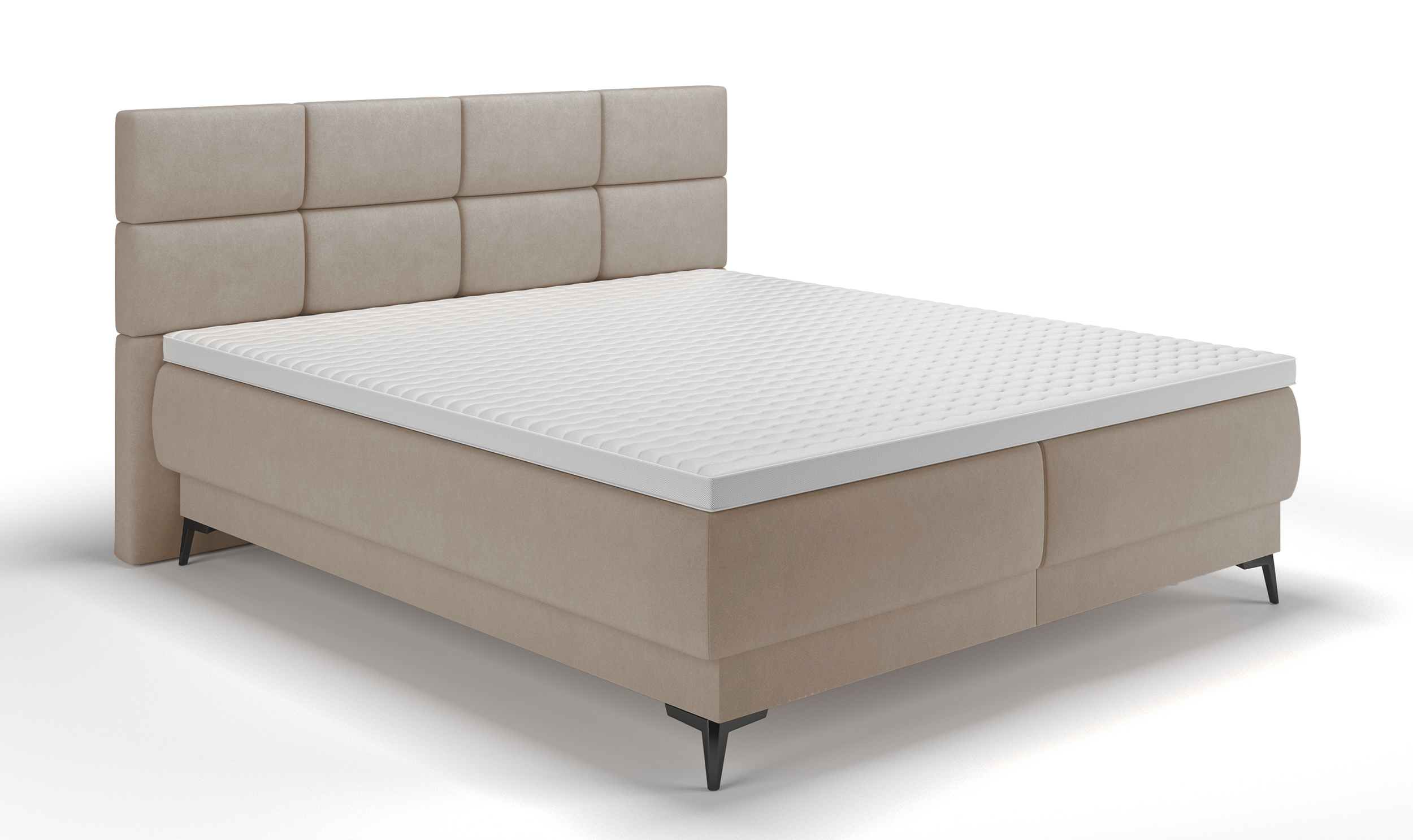 Łóżko kontynentalne 140x200 cm Rektango z pojemnikiem i topperem beżowy welur - zdjęcie 1