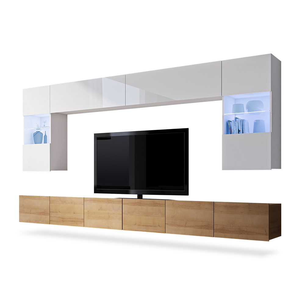 Meblościanka Kirdon z wiszącymi witrynami i długą szafką rtv Dąb złoty / Biały - zdjęcie 1