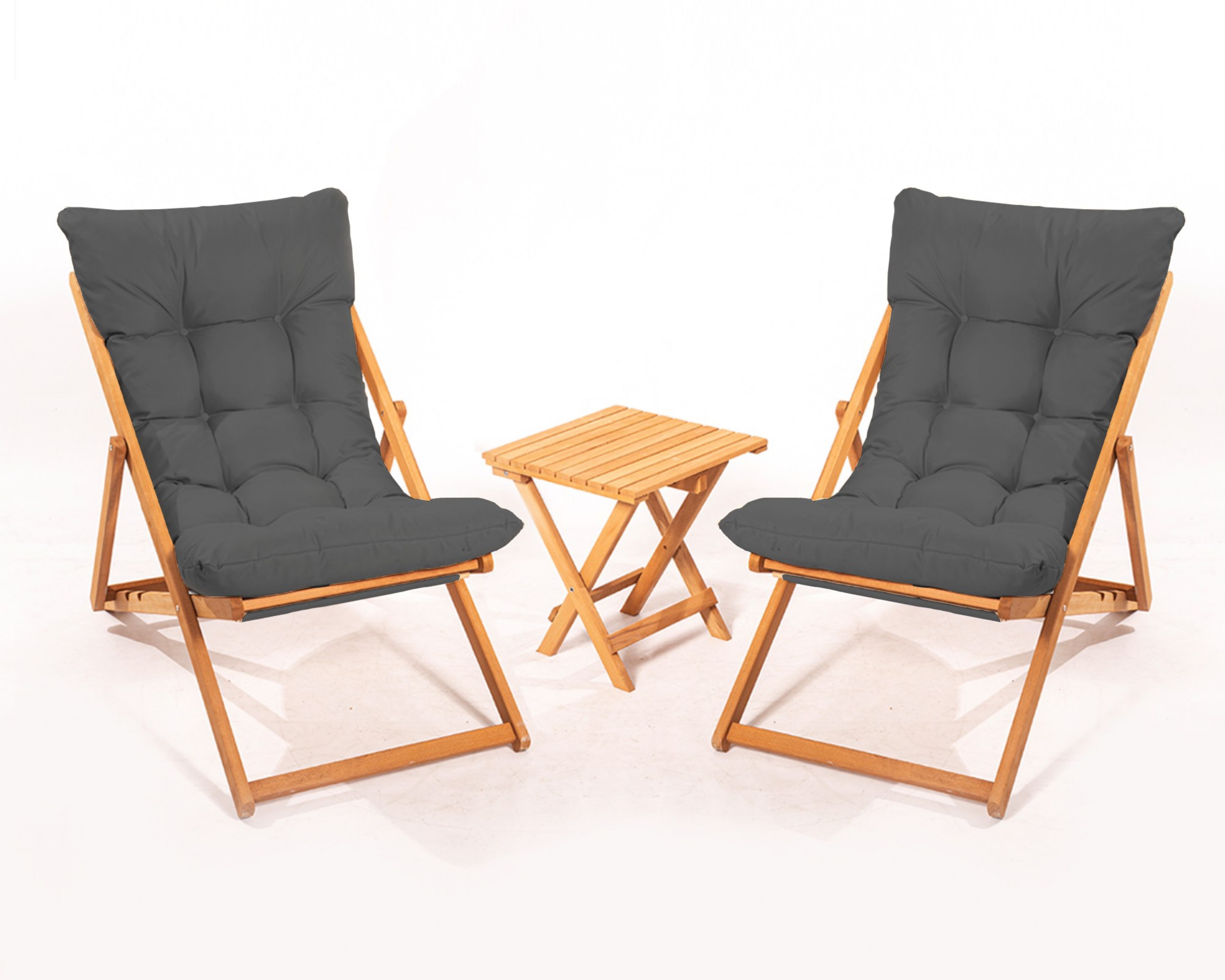 Zestaw drewnianych leżaków ogrodowych Bertive i stolika/ szare poduchy - zdjęcie 1