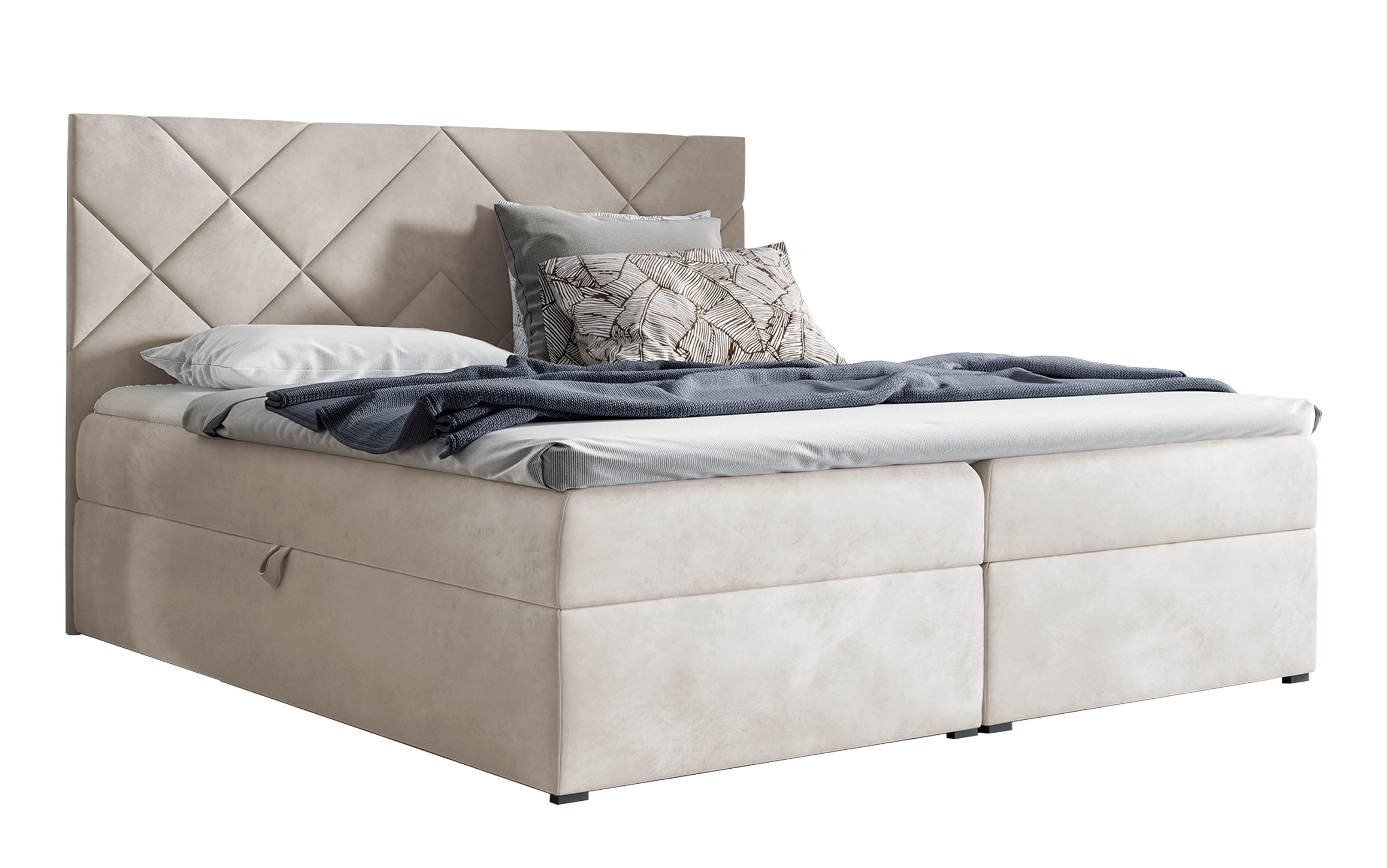 Łóżko kontynentalne Mubappa 200x200 z dwoma pojemnikami, materacem i topperem szarobeżowe hydrofobowe - zdjęcie 1