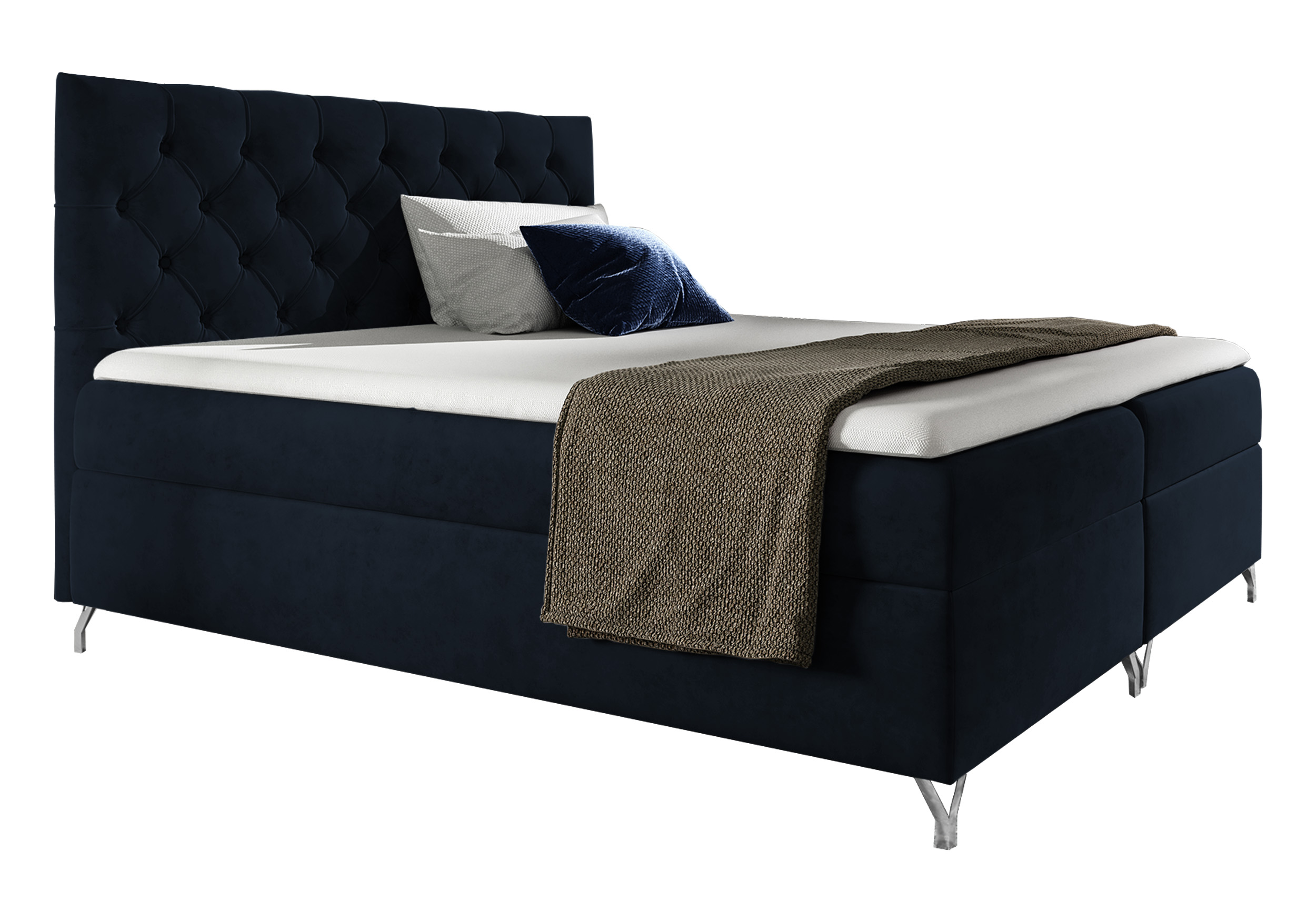 Łóżko kontynentalne Lozanna 180x200 z dwoma pojemnikami, materacem i topperem granatowe - zdjęcie 1