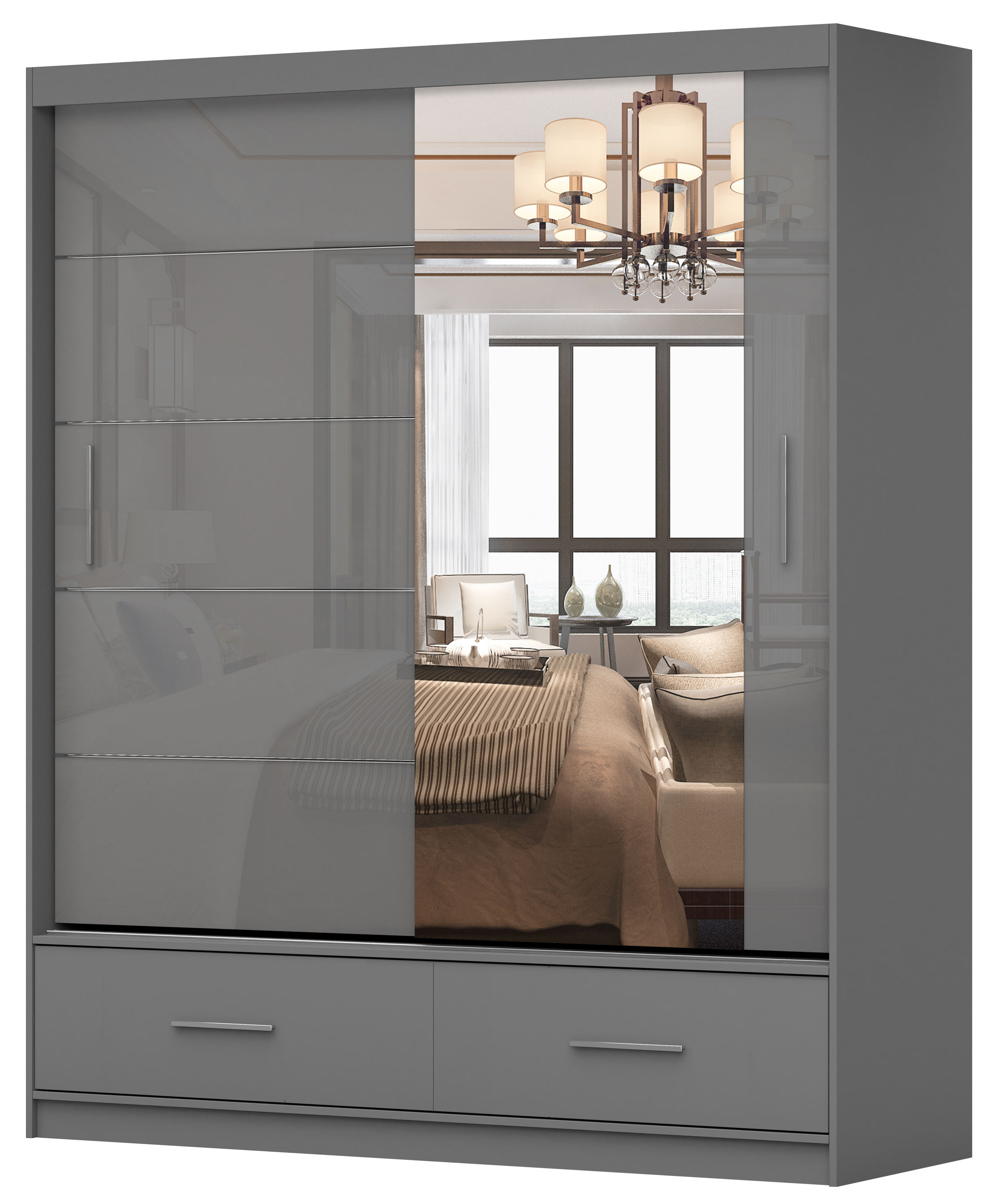 Szafa przesuwna Follrina 150 cm z lustrem szara/szary połysk - zdjęcie 1