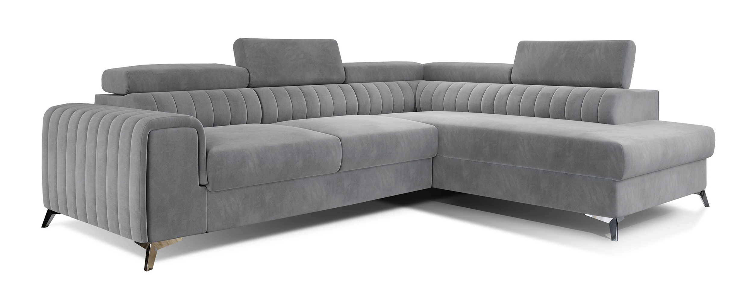 Narożnik z funkcją spania Negreiros L-kształtny z pojemnikiem i regulowanymi zagłówkami szary welur hydrobofobowy prawostronny - zdjęcie 1