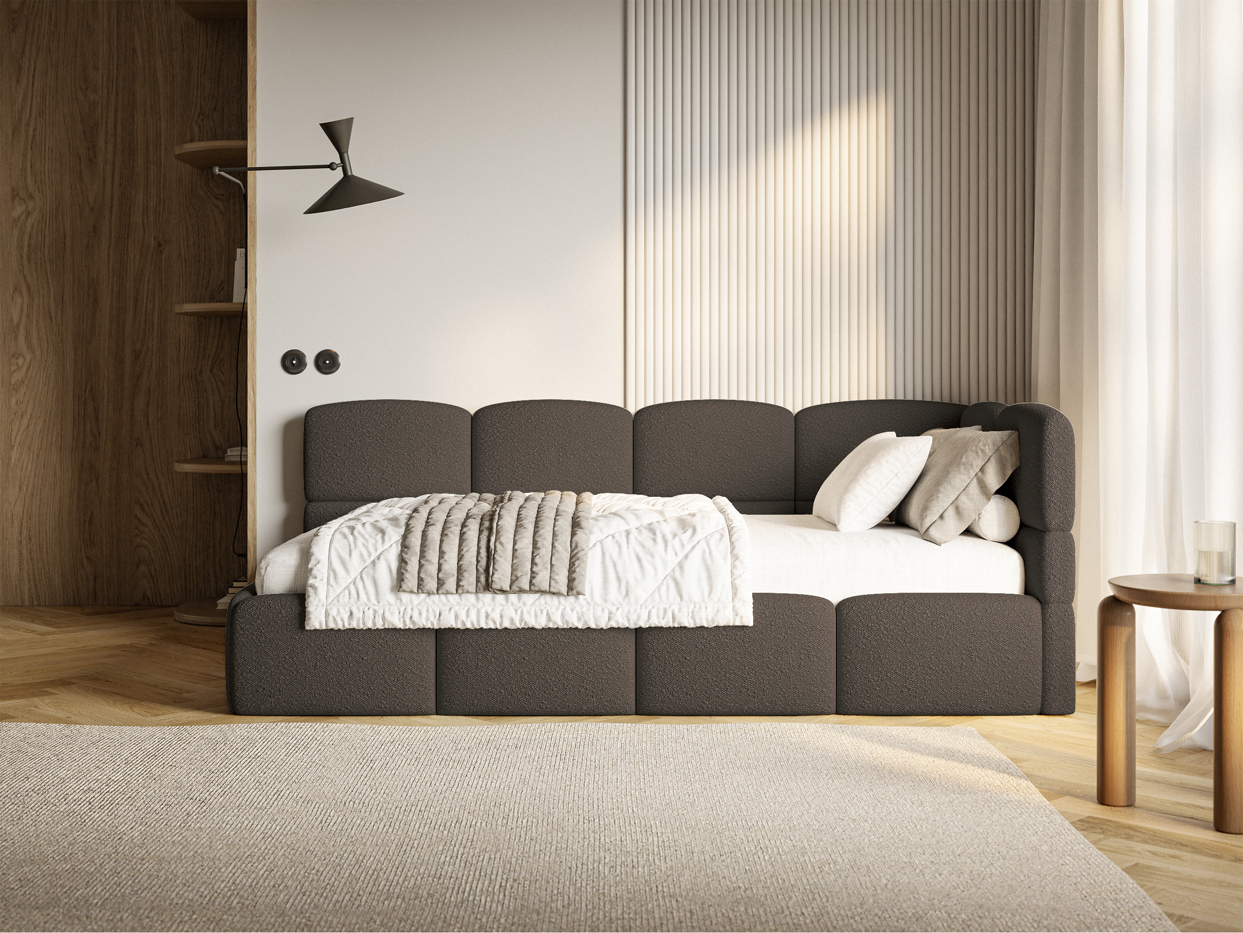 Łóżko młodzieżowe 90x200 cm Cloudy prawostronne z pojemnikiem brązowe boucle