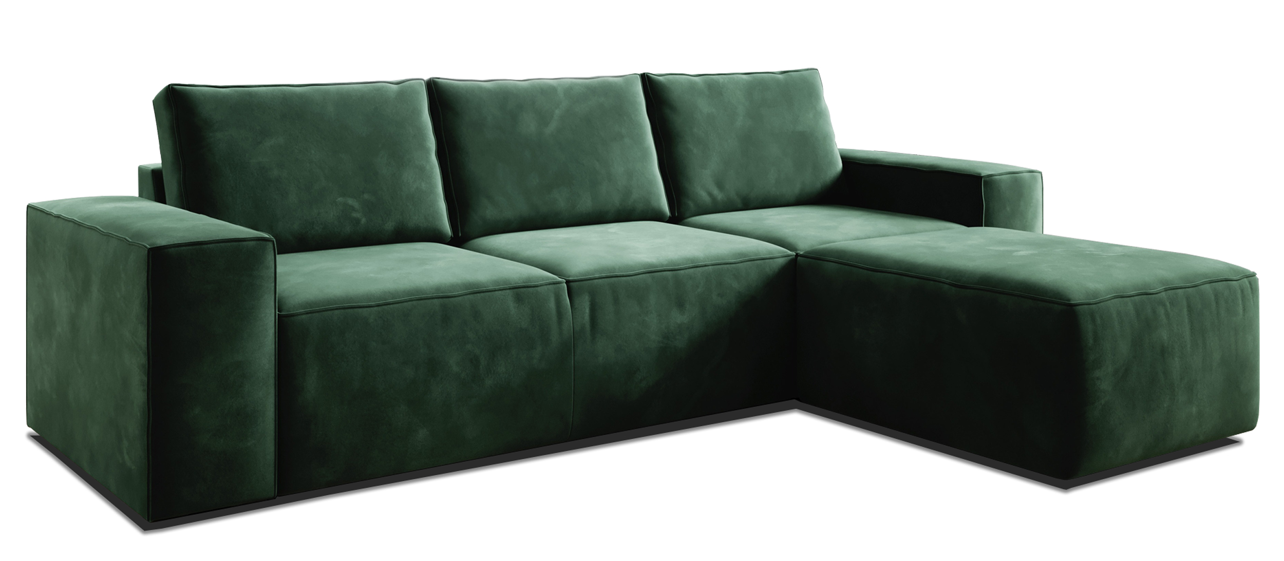 Narożnik z funkcją spania Munano L-kształtny z pojemnikiem zielony velvet prawostronny
