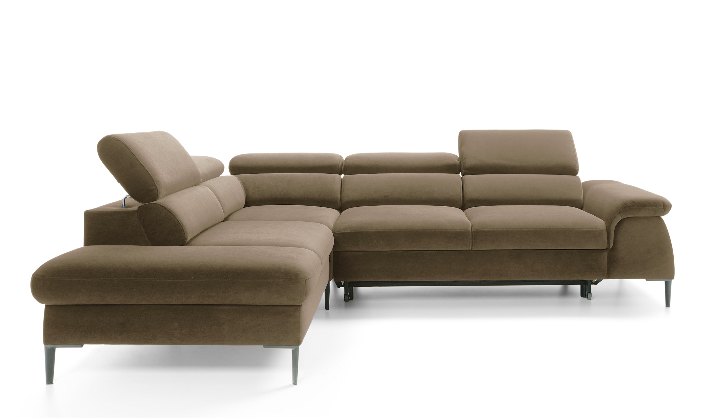 Narożnik z funkcją spania Naverro L-kształtny z pojemnikiem jasnobrązowy velvet hydrofobowy lewostronny