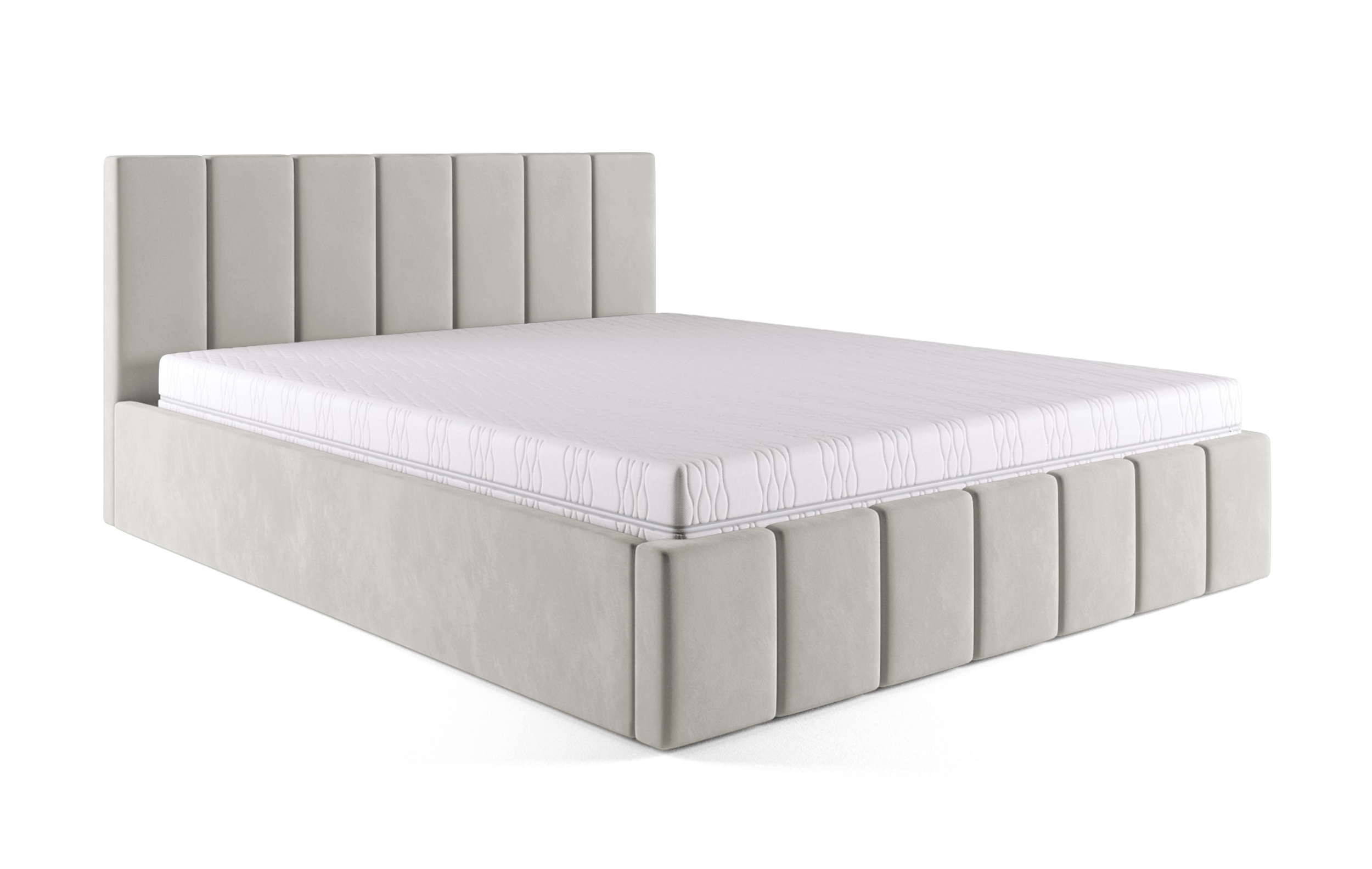 Łóżko tapicerowane 140x200 cm Vanimo szarobeżowe z pojemnikiem steleż drewniany