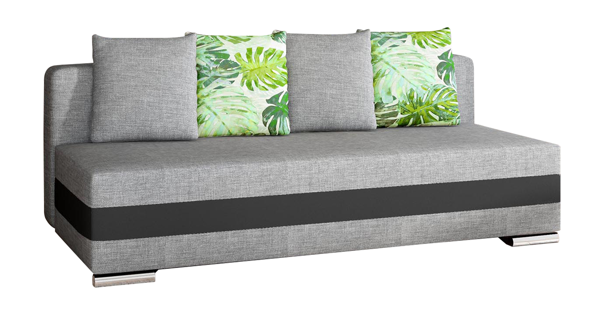 Kanapa rozkładana dwuosobowa Louredo z pojemnikiem jasnoszara / czarna plecionka / ekoskóra z poduszkami w monstery - zdjęcie 1