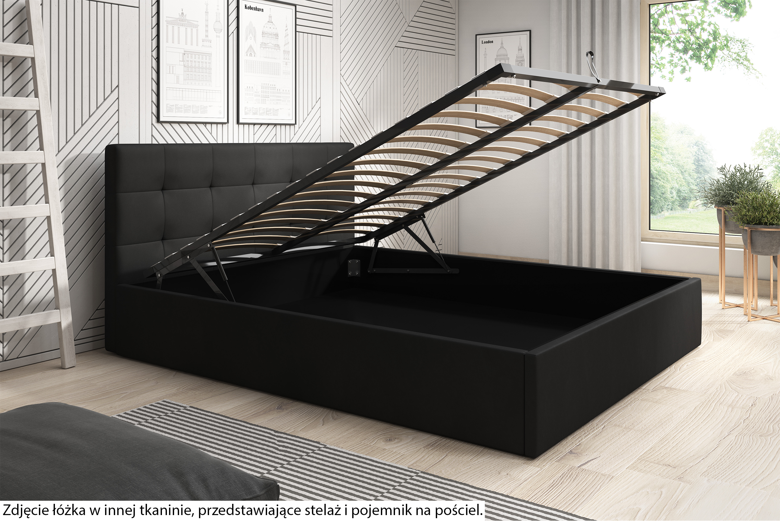 Łóżko tapicerowane 140x200 cm Laureno z pojemnikiem na pościel jasnoszare plecionka stelaż metalowy