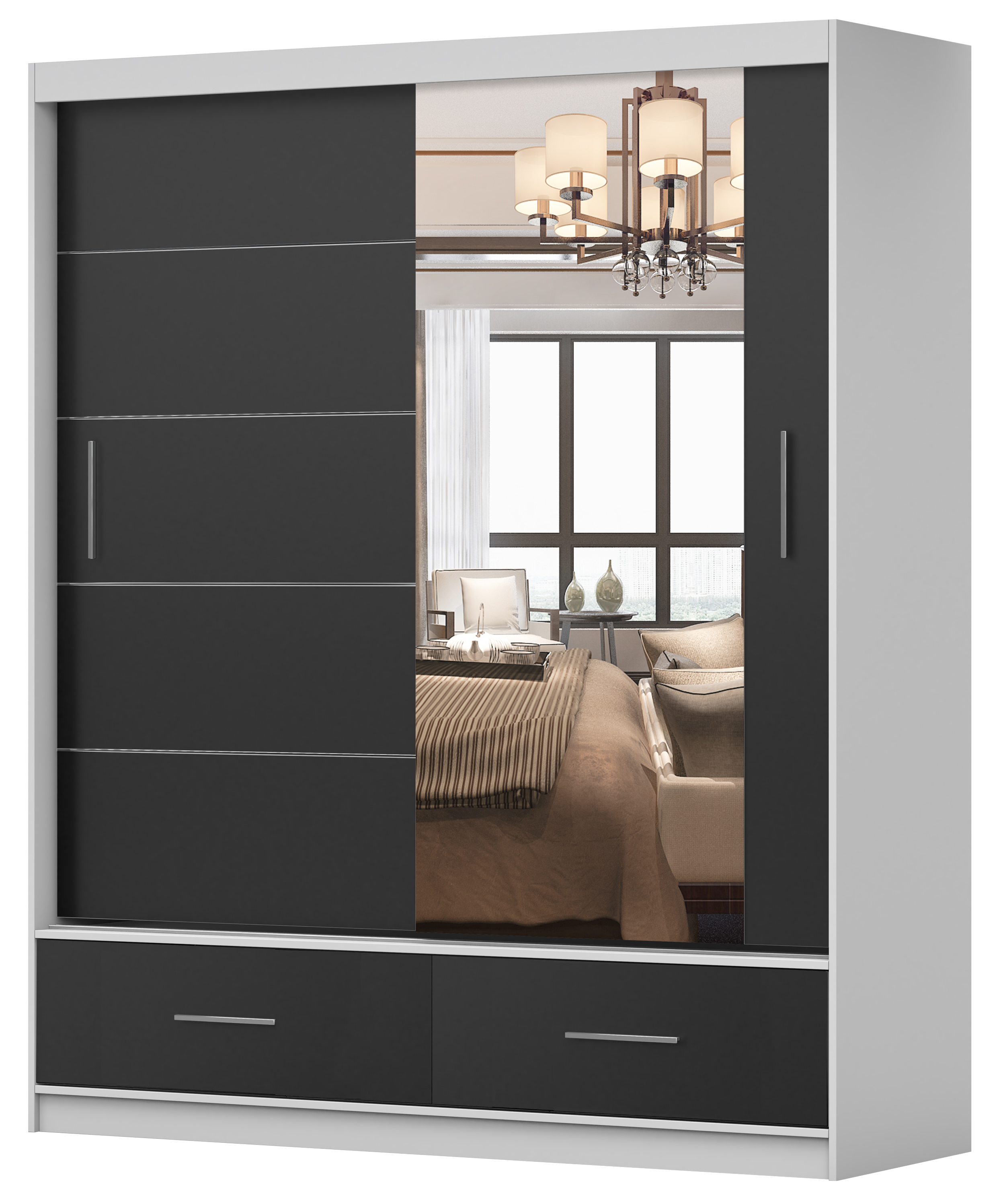 Szafa przesuwna Follrina 150 cm z lustrem biała/czarny - zdjęcie 1