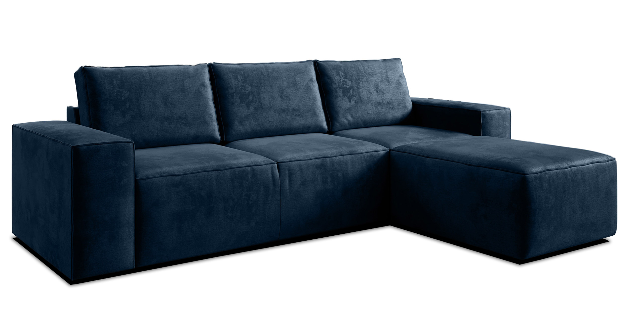 Narożnik z funkcją spania Munano L-kształtny z pojemnikiem granatowy w tkaninie hydrofobowej prawostronny