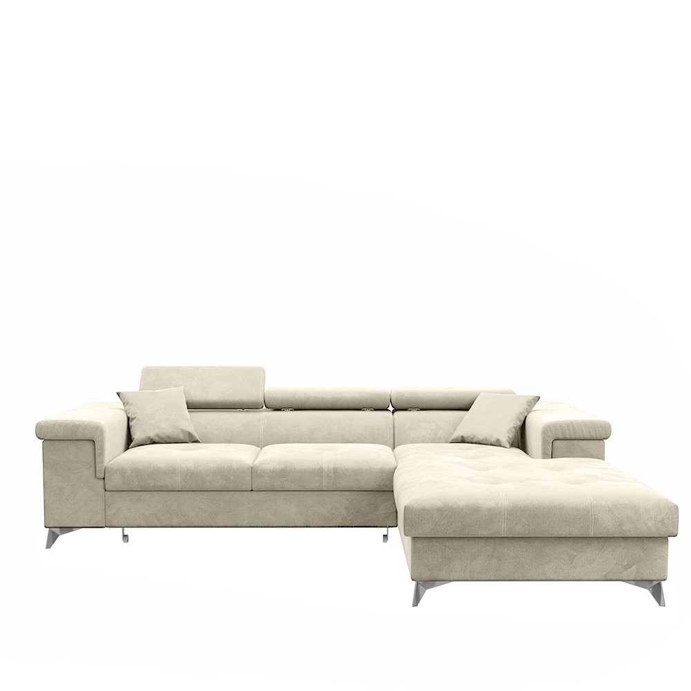 Narożnik z funkcją spania Mikkara L-kształtny z pojemnikiem beżowy w tkaninie hydrofobowej prawostronny - zdjęcie 1