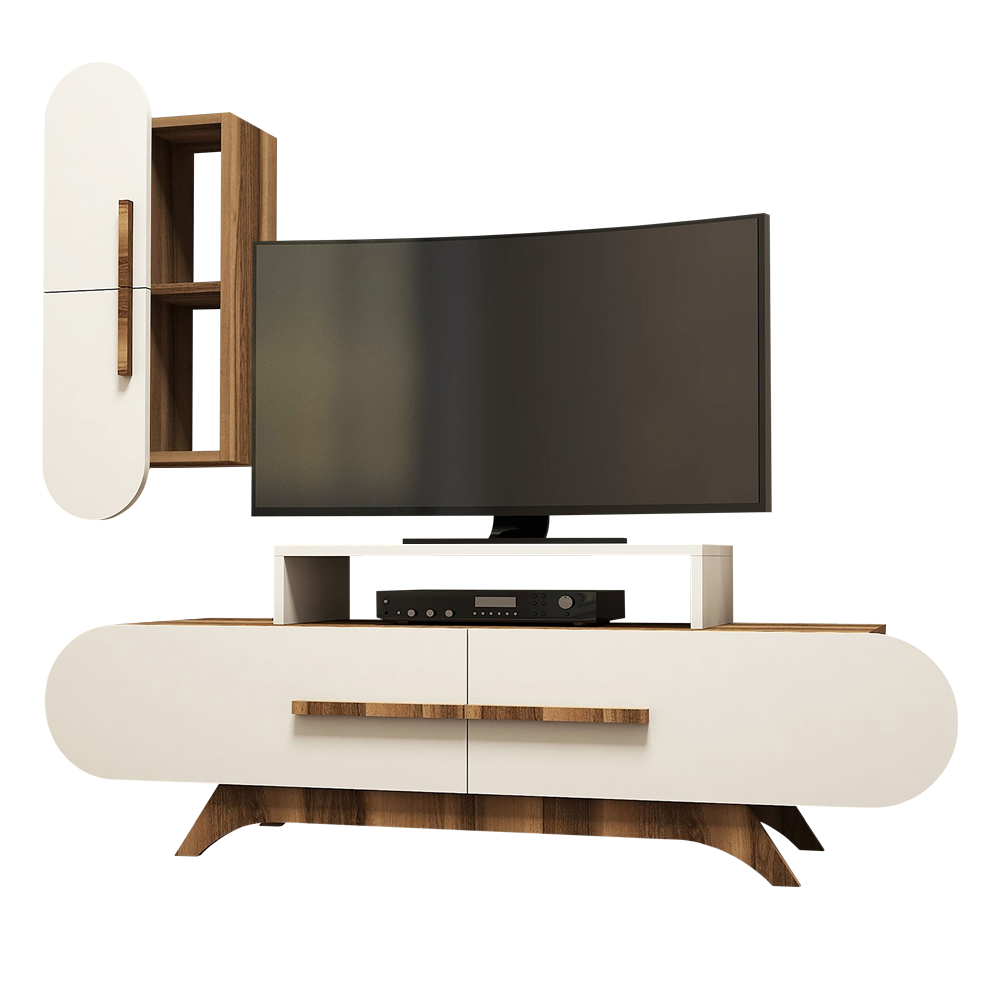 Szafka RTV Ovalia 145 cm z kremowym frontem i wiszącą szafką