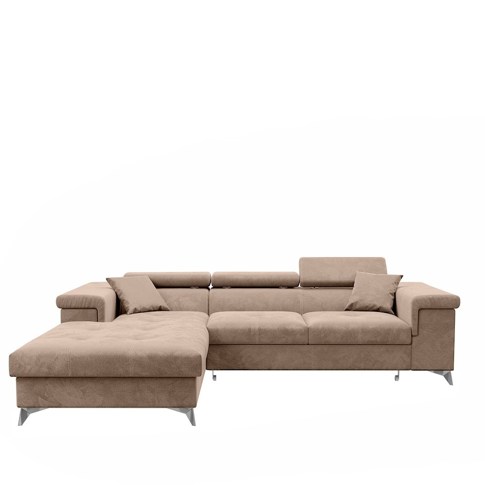 Narożnik z funkcją spania Mikkara L-kształtny z pojemnikiem brązowy w tkaninie hydrofobowej lewostronny - zdjęcie 1