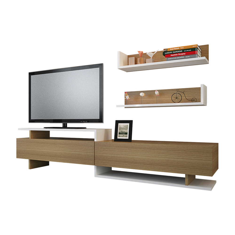 Szafka RTV Atlanta biała z elementami teak z dwiema półkami naściennymi - zdjęcie 1