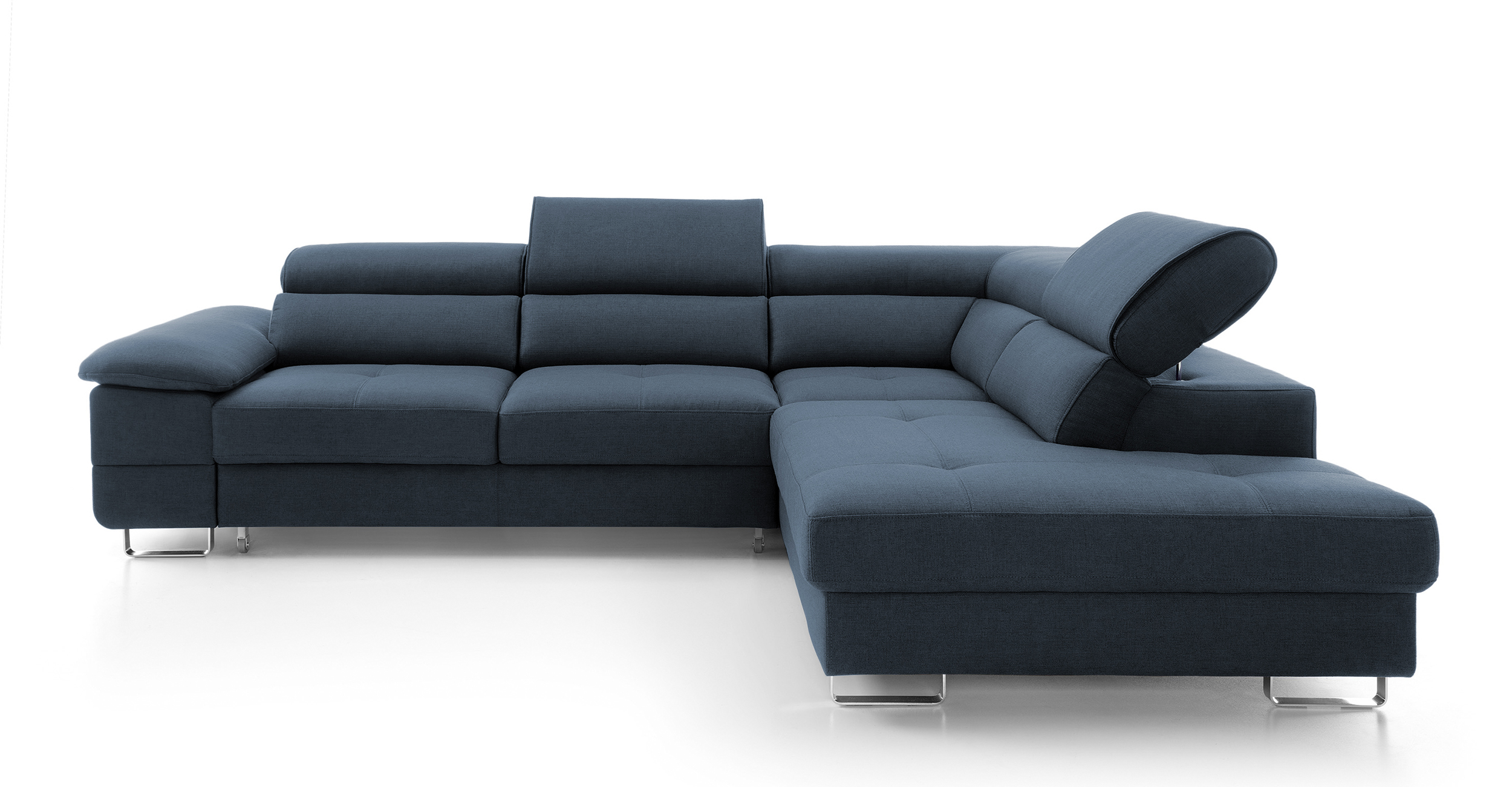 Narożnik z funkcją spania Lardos z pojemnikiem granatowy w tkaninie hydrofobowej plecionka lewostronny