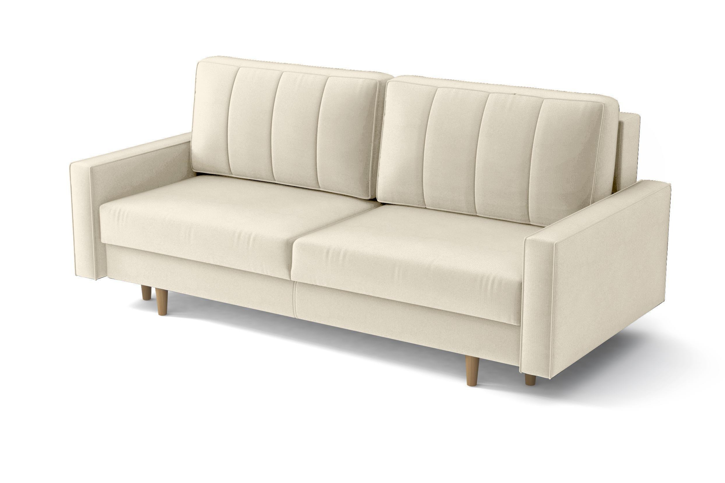 Kanapa rozkładana trzyosobowa Derban z pojemnikiem beżowa welur hydrofobowy - zdjęcie 1