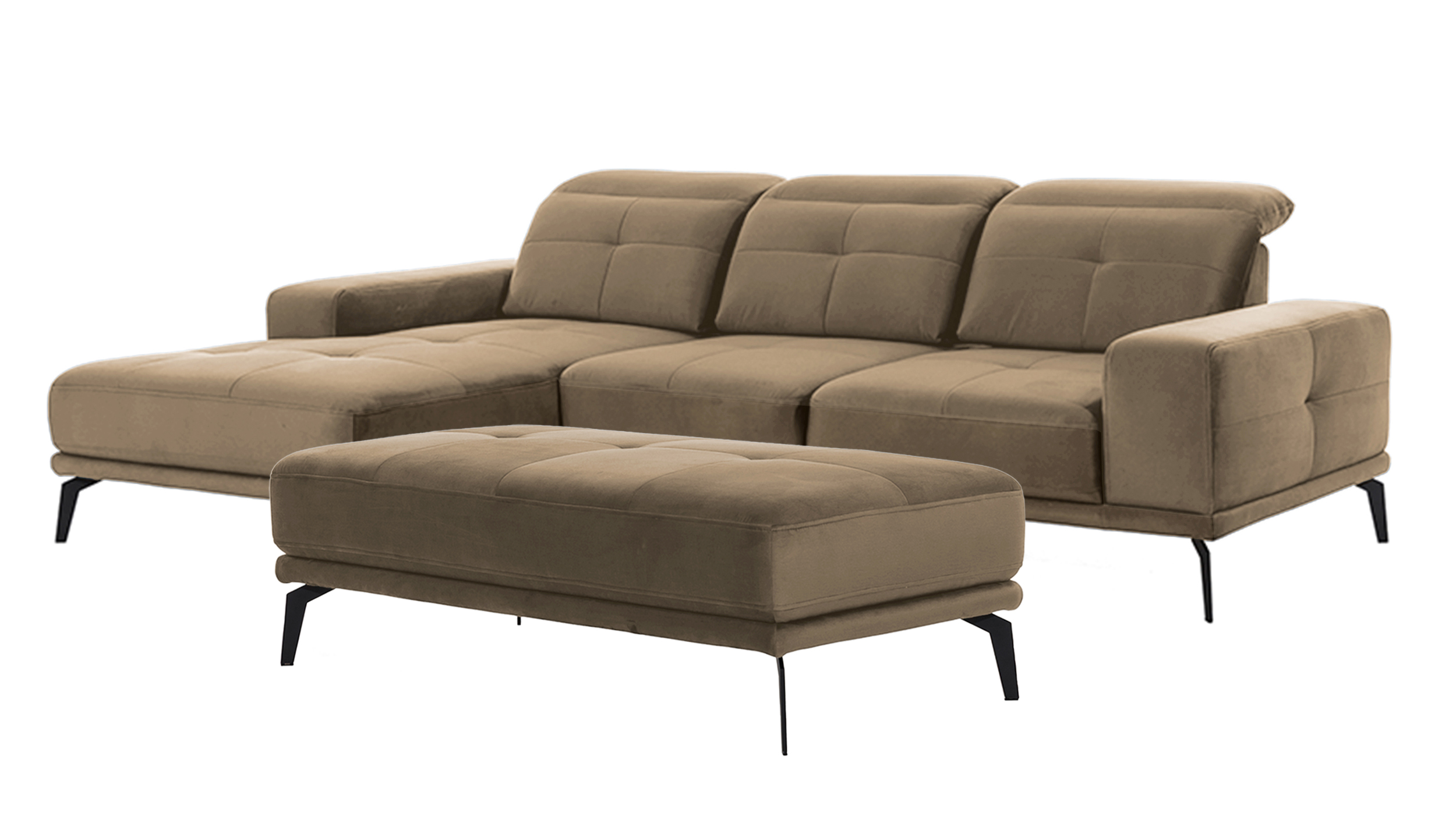 Narożnik z funkcją spania Alisario L-kształtny z pufą brązowy welwet hydrofobowy lewostronny - zdjęcie 1