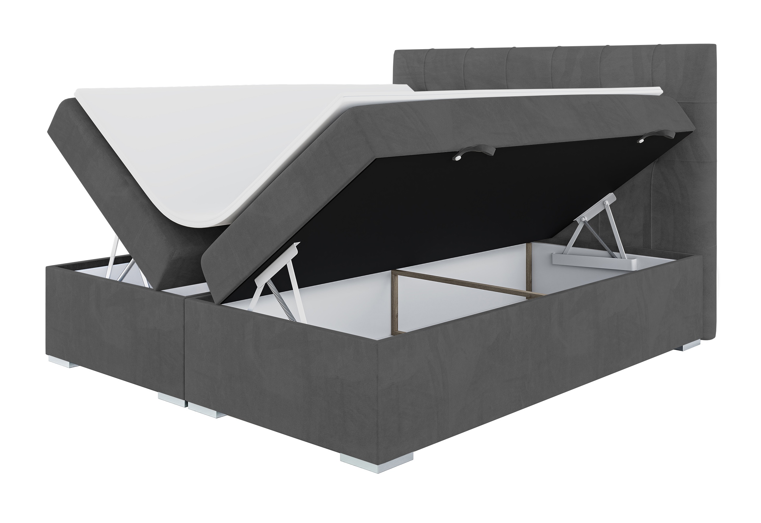 Łóżko kontynentalne 160x200 cm Tondela z pojemnikami i topperem ciemnoszare welur hydrofobowy