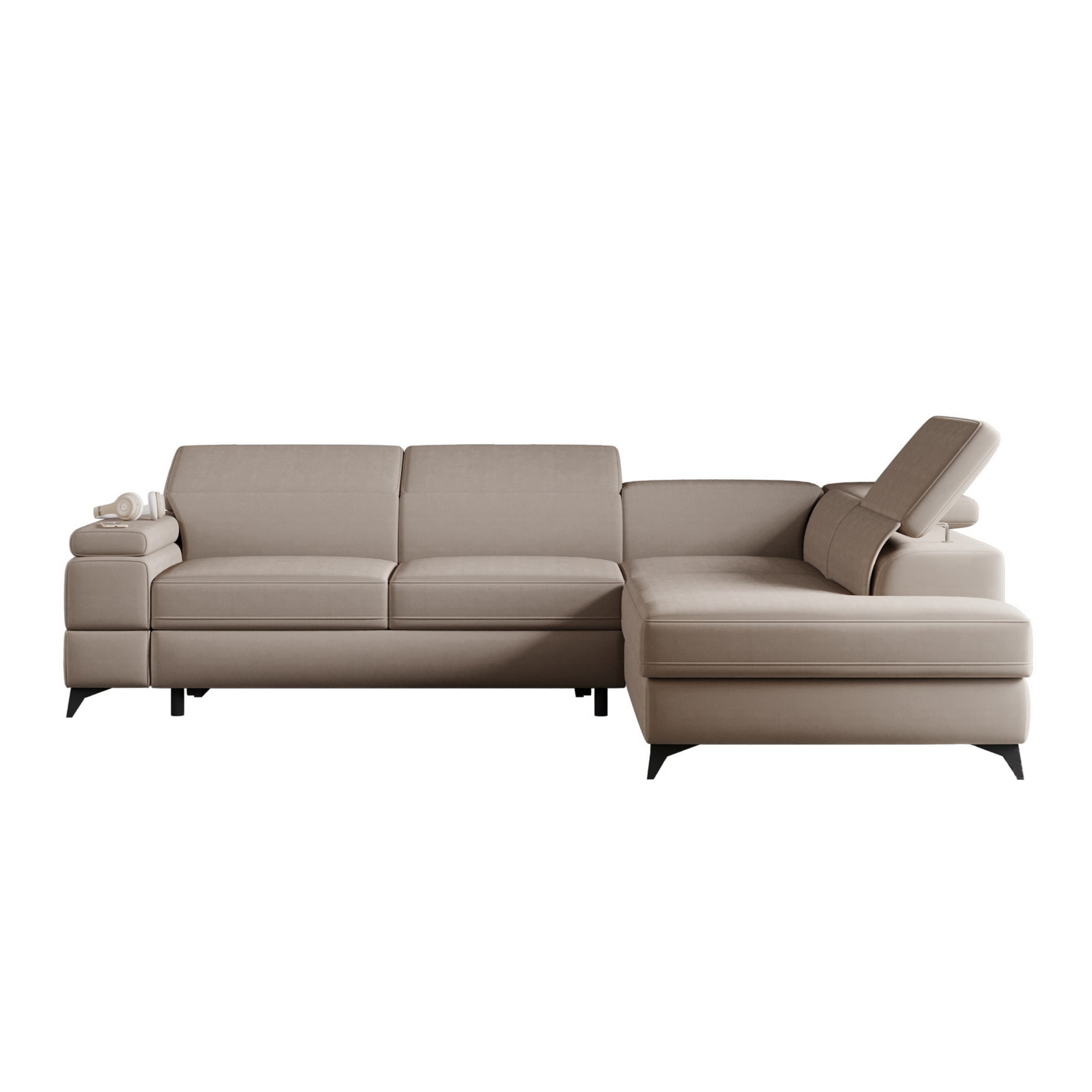 Narożnik rozkładany Fossanova L-kształtny z pojemnikiem prawostronny beżowy welur hydrofobowy