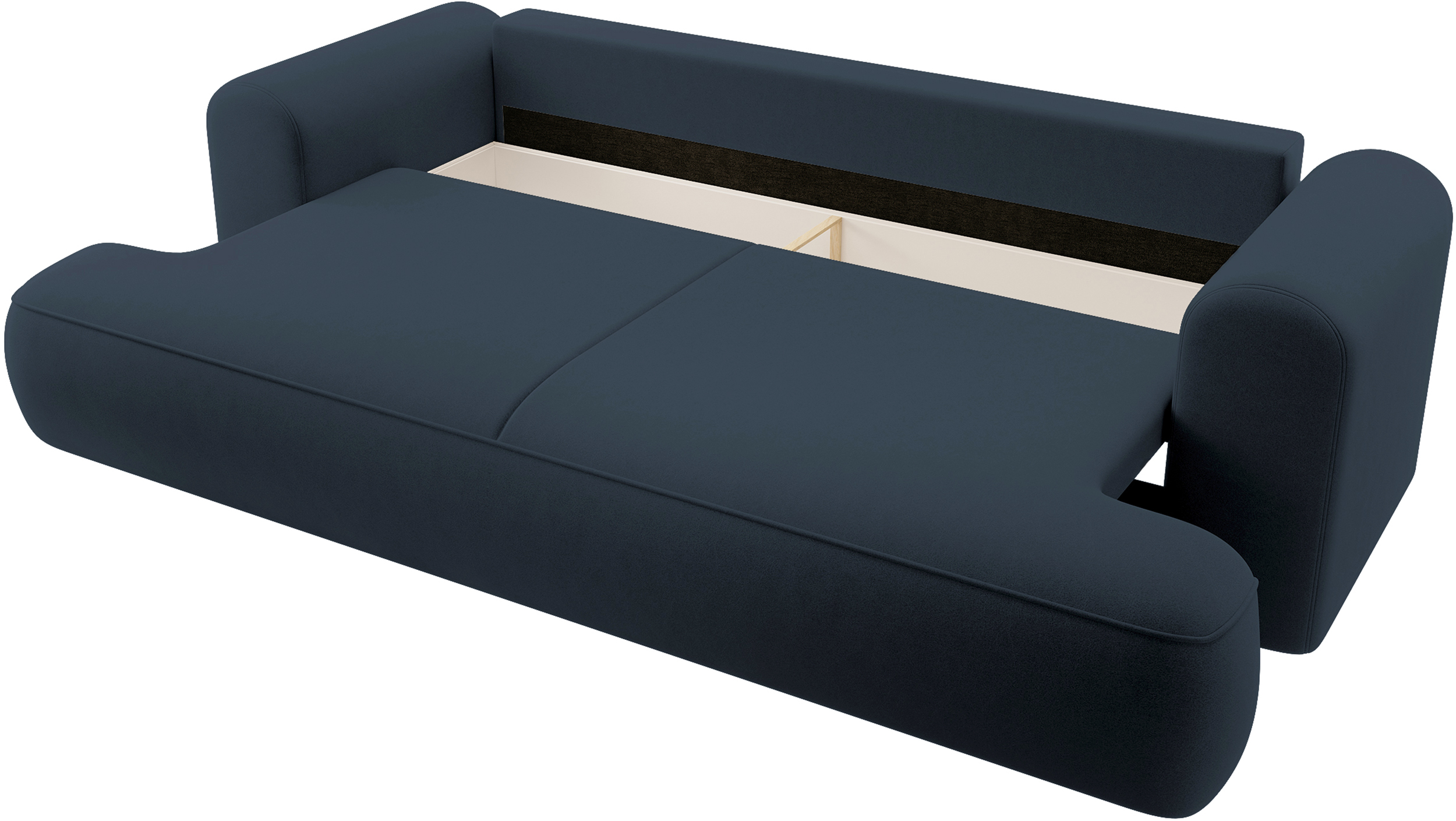 Kanapa rozkładana trzyosobowa Ovo z pojemnikiem granatowa welur w tkaninie łatwoczyszczącej