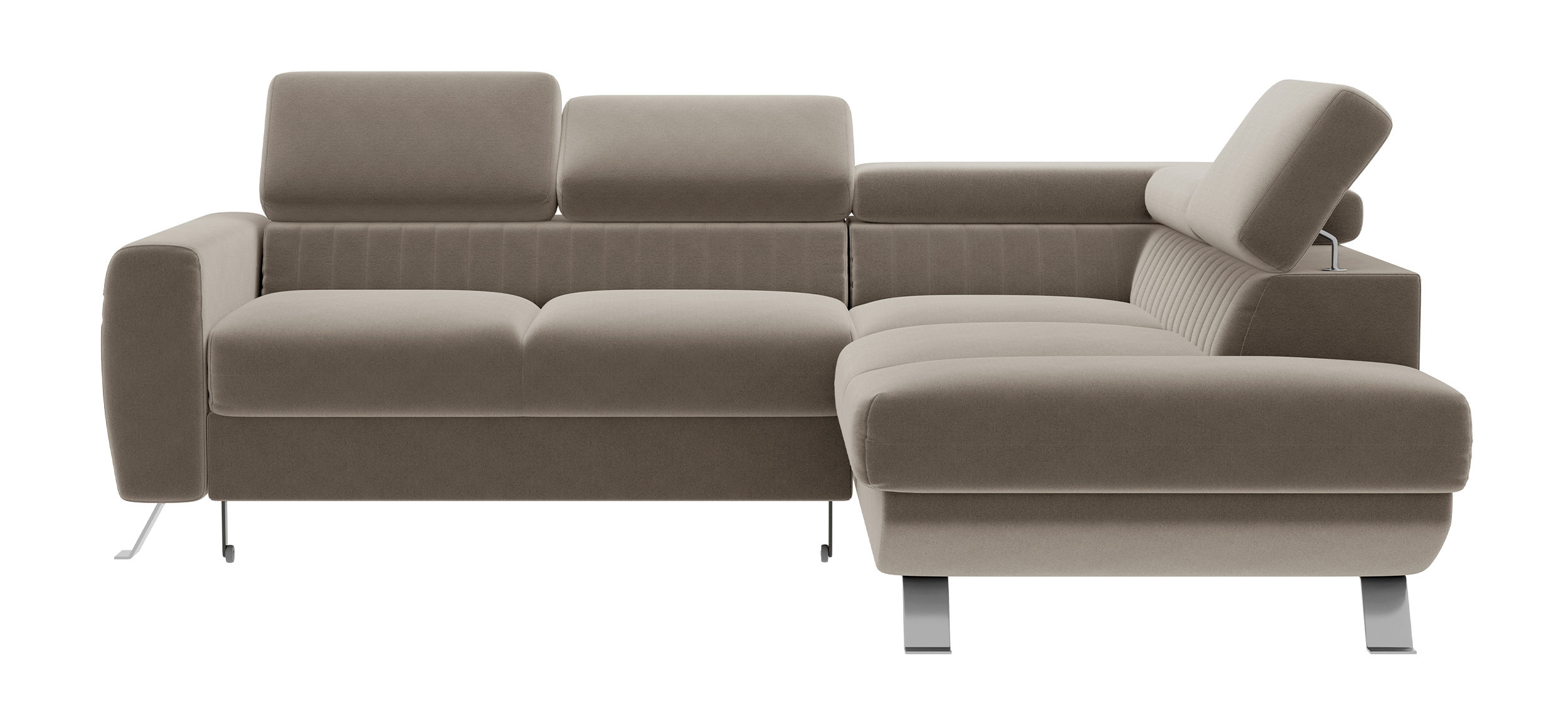 Narożnik z funkcją spania Bambito L-kształtny z pojemnikiem i regulowanymi zagłówkami beżowy welur hydrofobowy prawostronny - zdjęcie 1