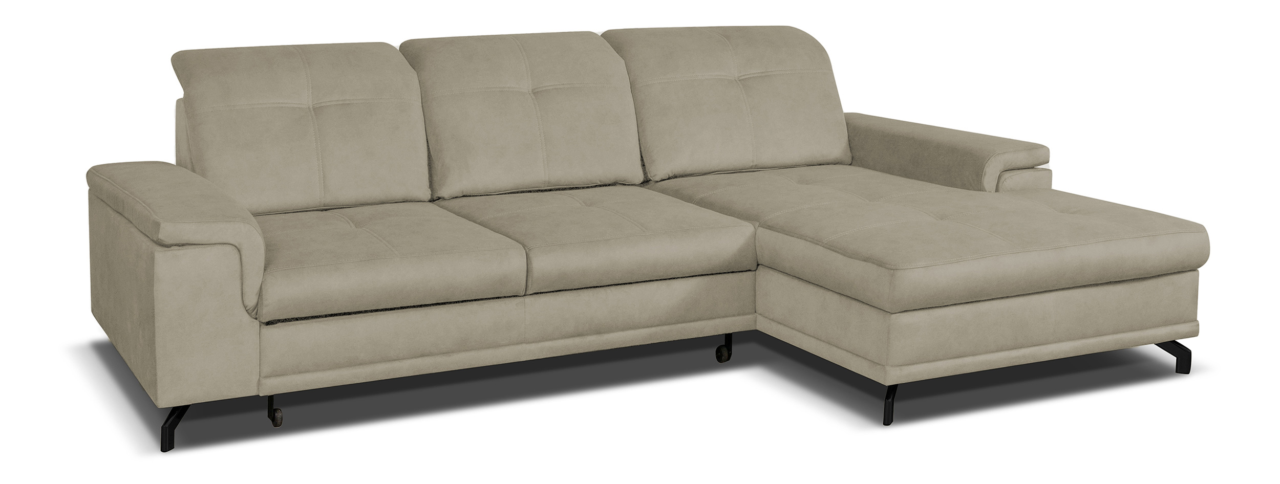 Narożnik z funkcją spania Berberati L-kształtny beżowy nogi czarne velvet hydrofobowy z pojemnikiem prawostronny