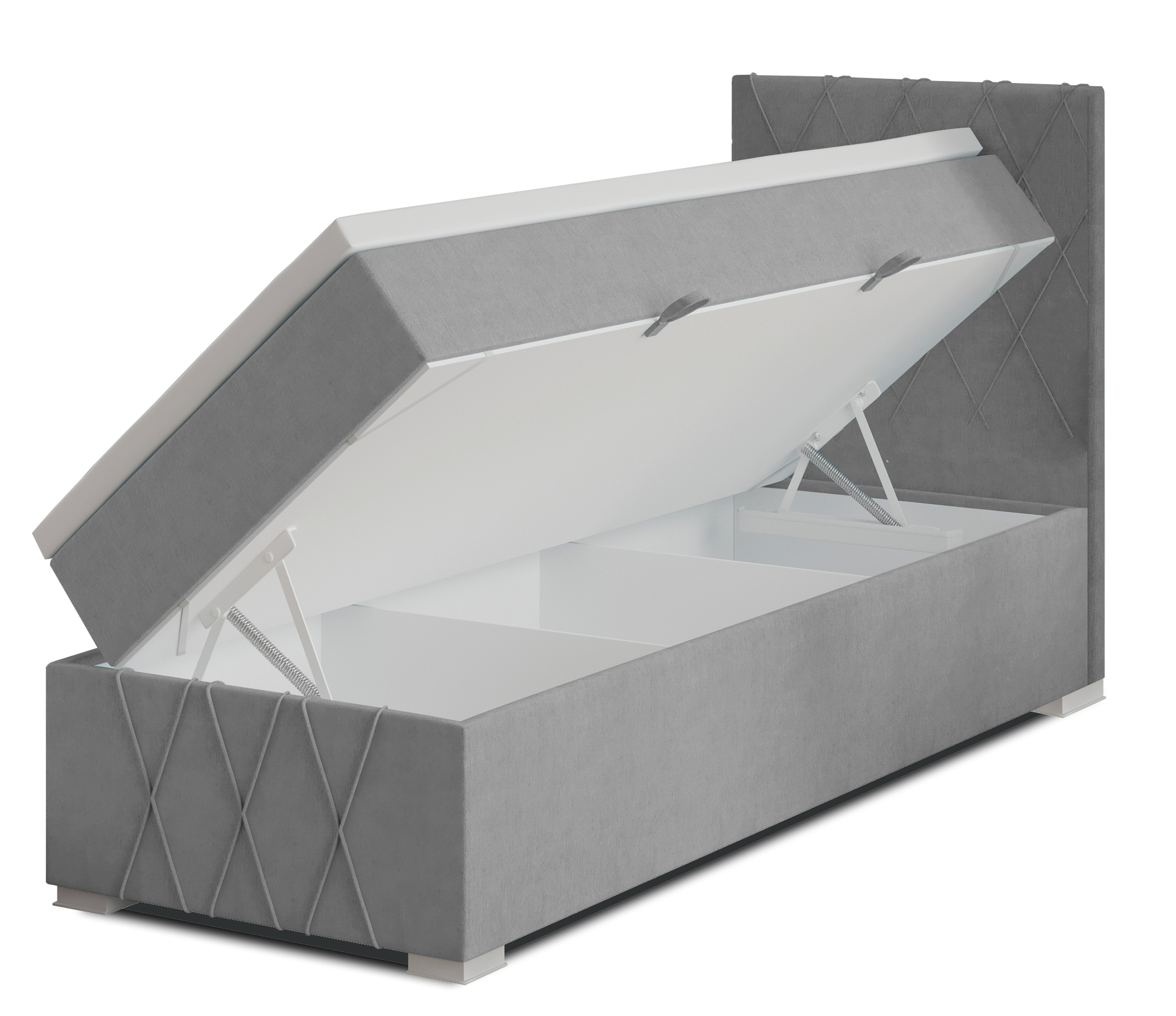 Łóżko kontynentalne 90x200 cm Segarati z pojemnikiem i topperem szare welur hydrofobowy prawostronne