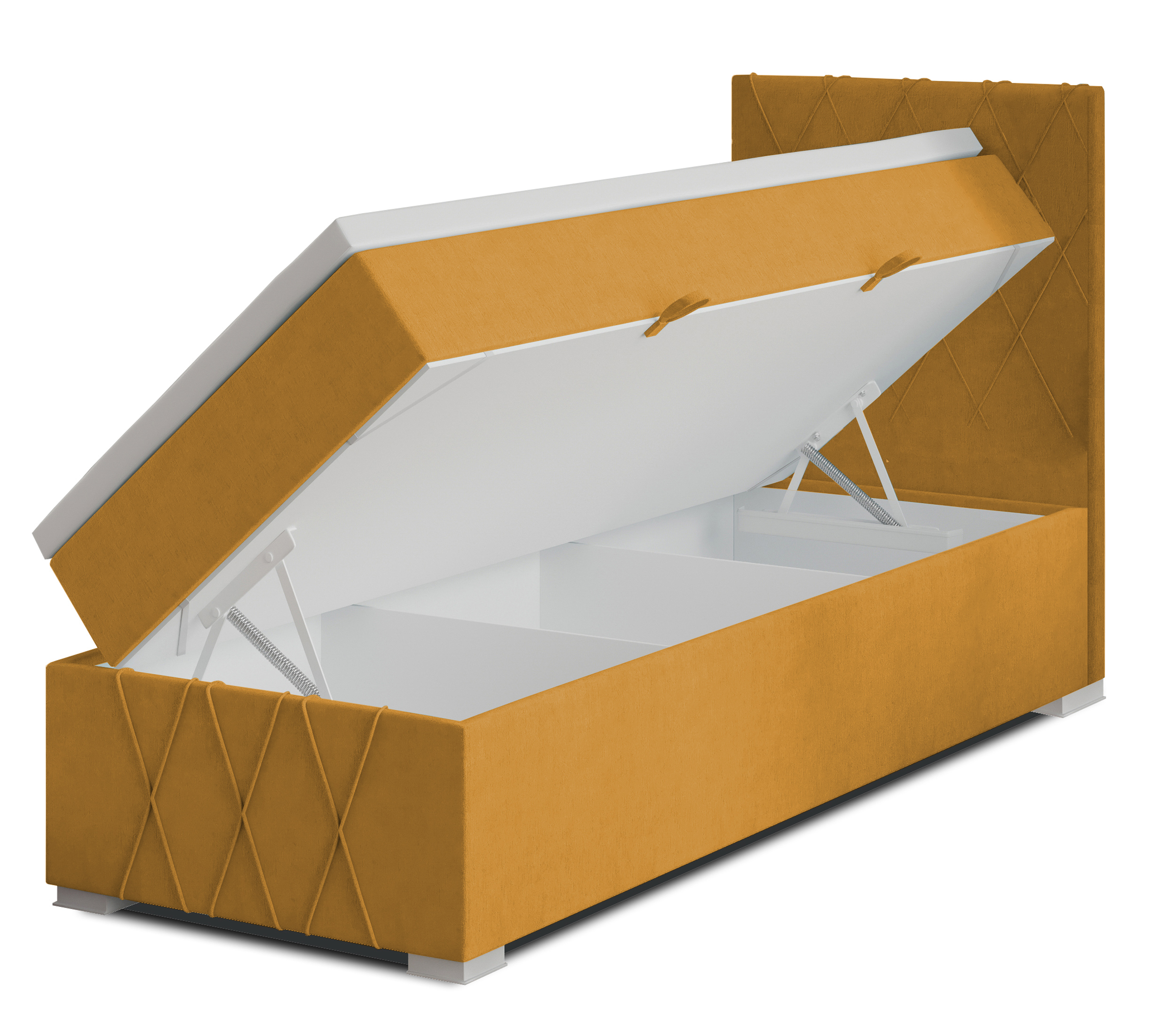 Łóżko kontynentalne 90x200 cm Segarati z pojemnikiem i topperem ciemnomusztardowe welur hydrofobowy prawostronne