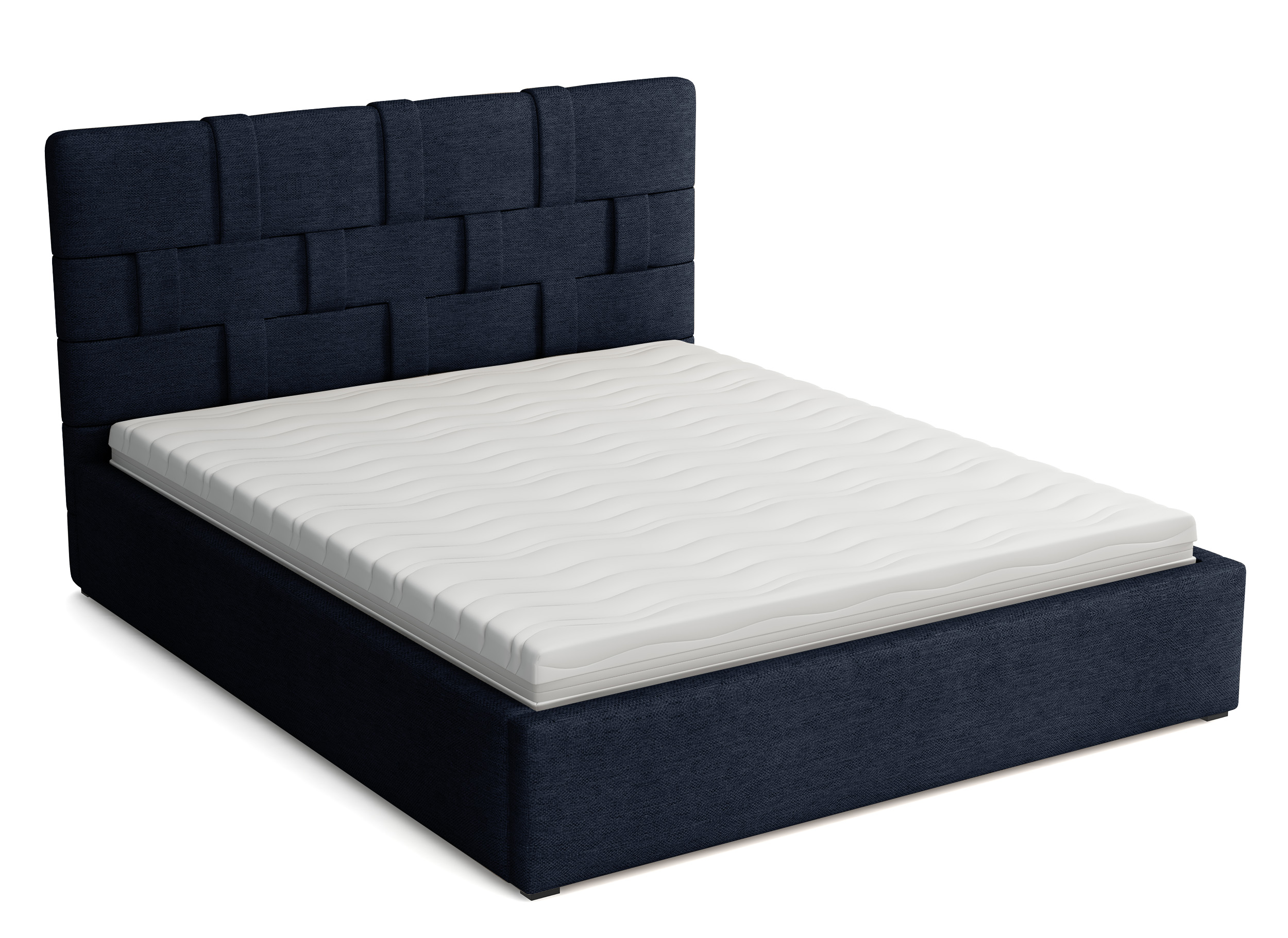 Łóżko tapicerowane 140x200 cm Zalino z pojemnikiem stelaż metalowy granatowe plecionka - zdjęcie 1