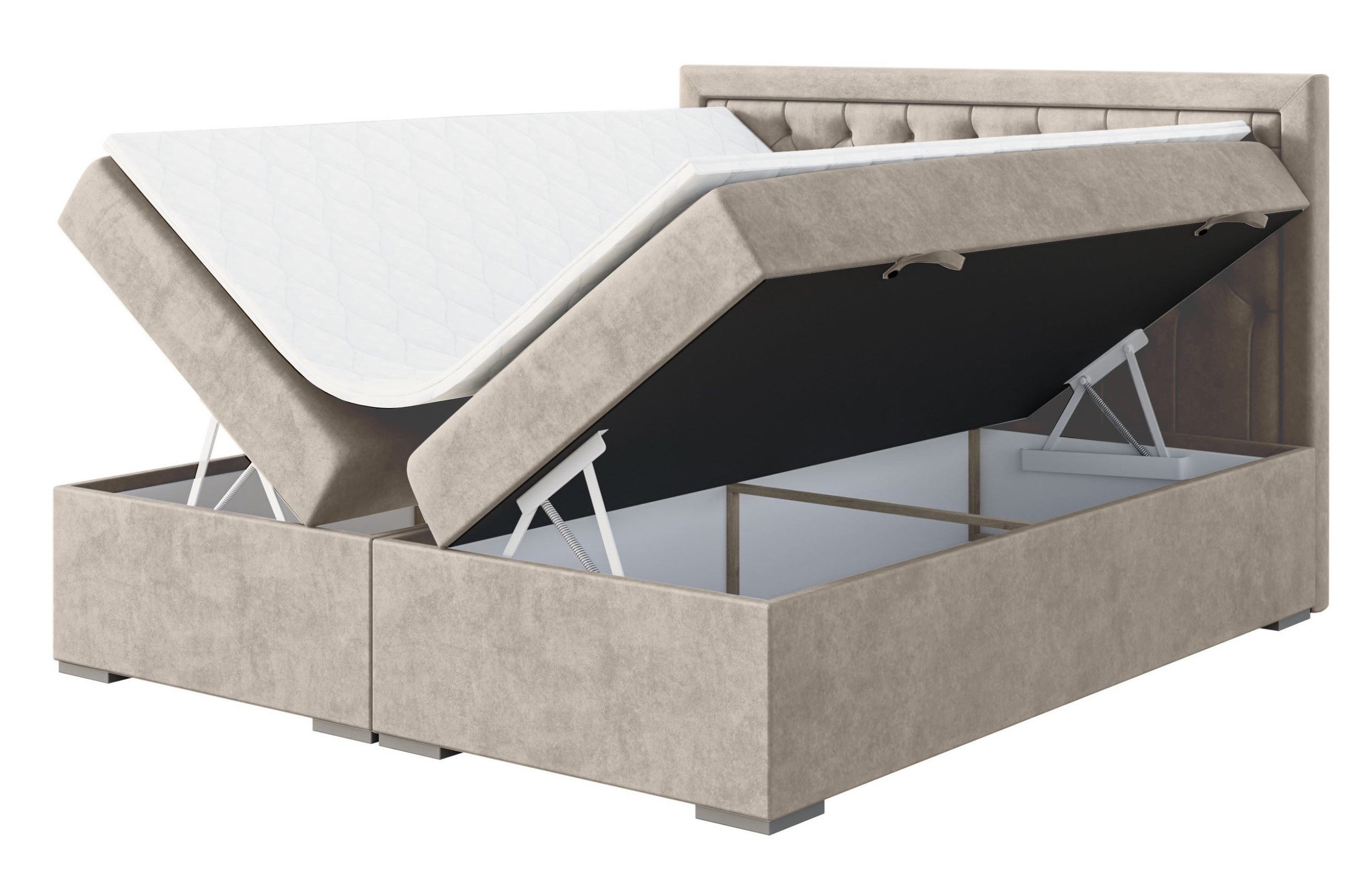 Łóżko kontynentalne 160x200 cm Periana z pojemnikami i topperem beżowe welur hydrofobowy