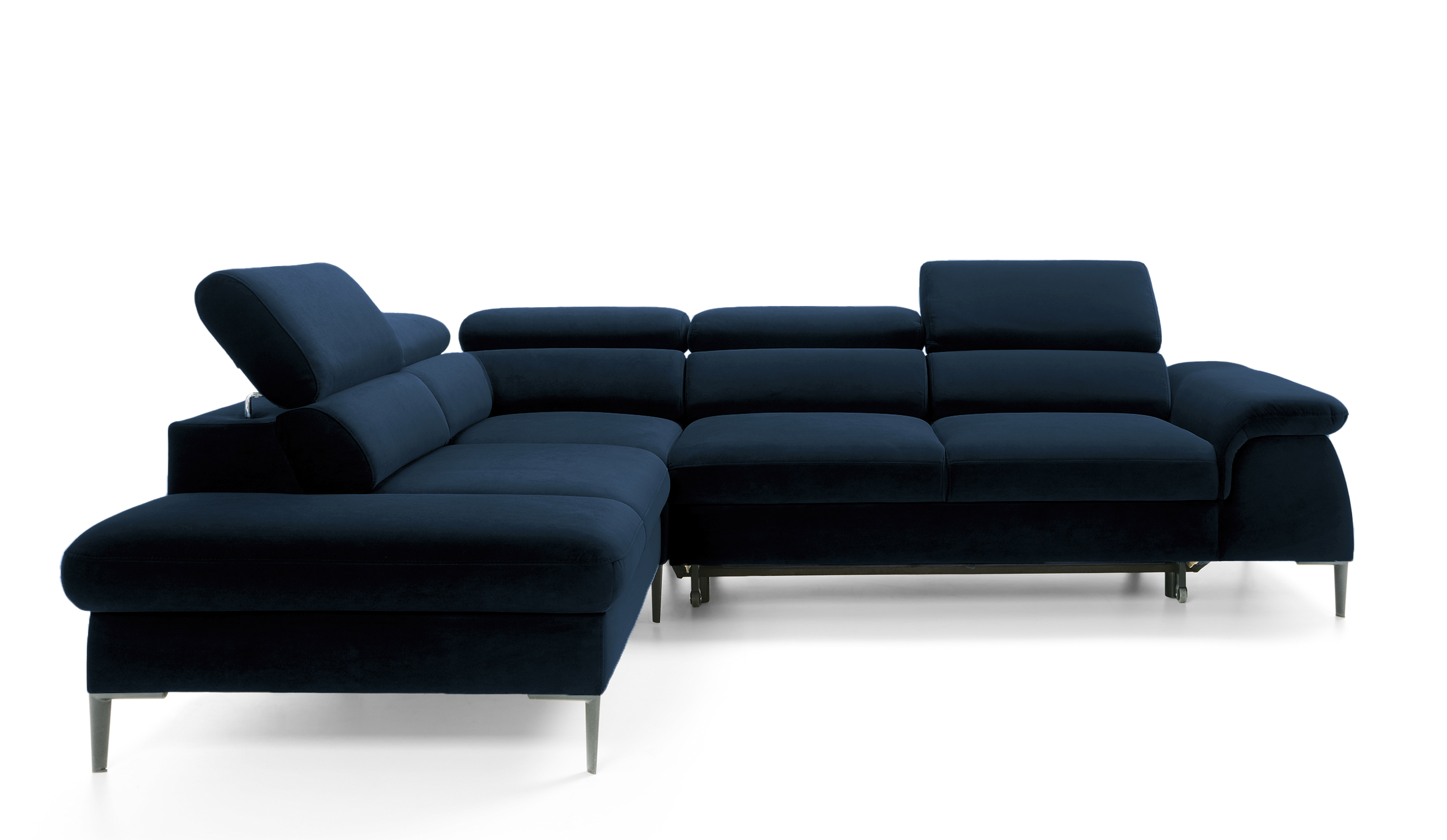 Narożnik z funkcją spania Naverro L-kształtny z pojemnikiem granatowy velvet hydrofobowy lewostronny