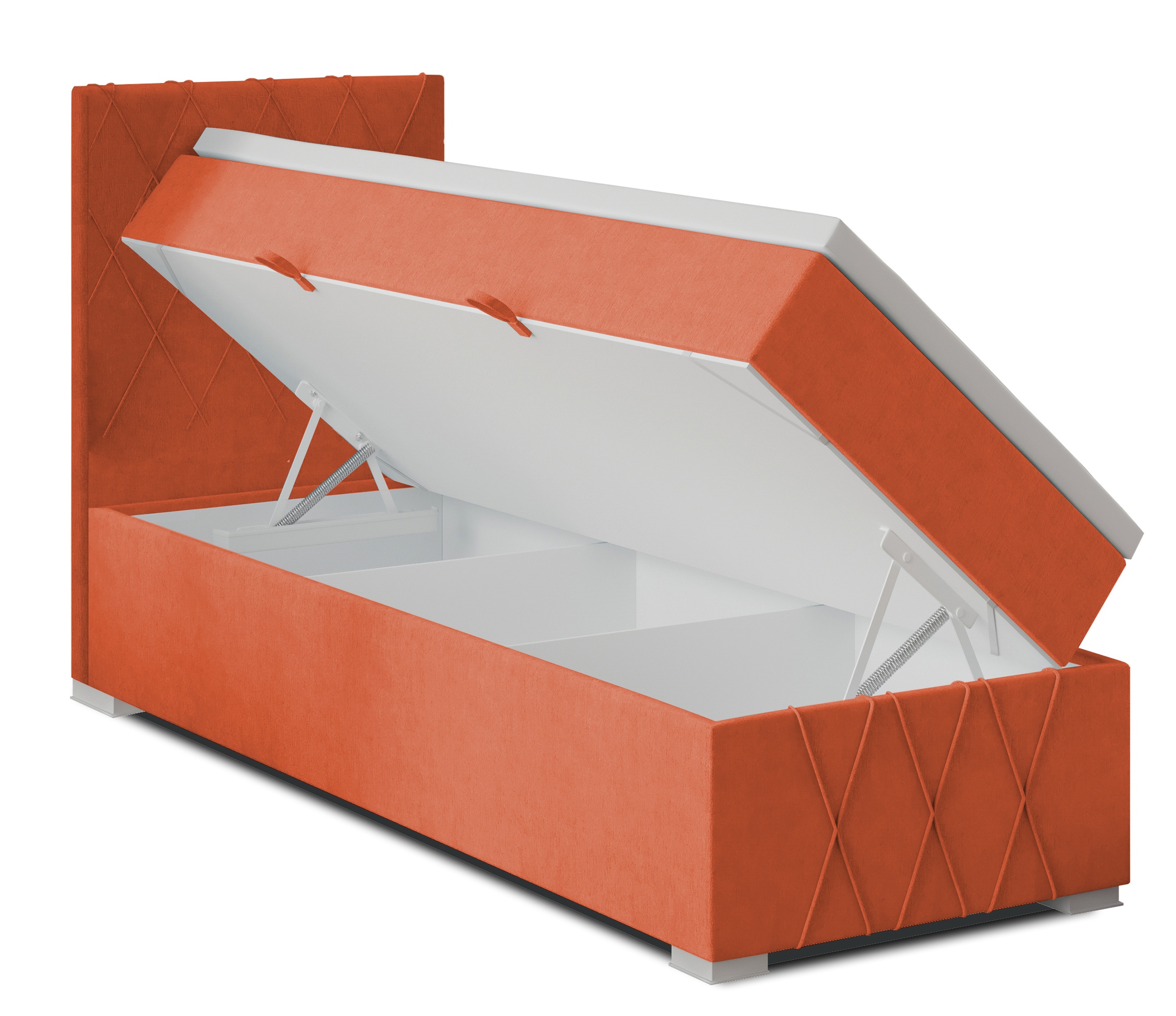 Łóżko kontynentalne 90x200 cm Segarati z pojemnikiem i topperem koralowe welur hydrofobowy lewostronne