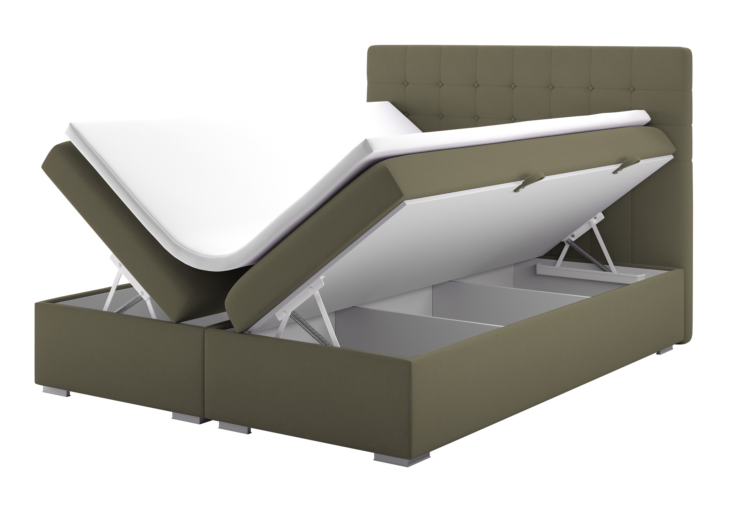 Łóżko kontynentalne 160x200 cm Mladena z pojemnikami i topperem oliwkowe welur hydrofobowy - zdjęcie 1