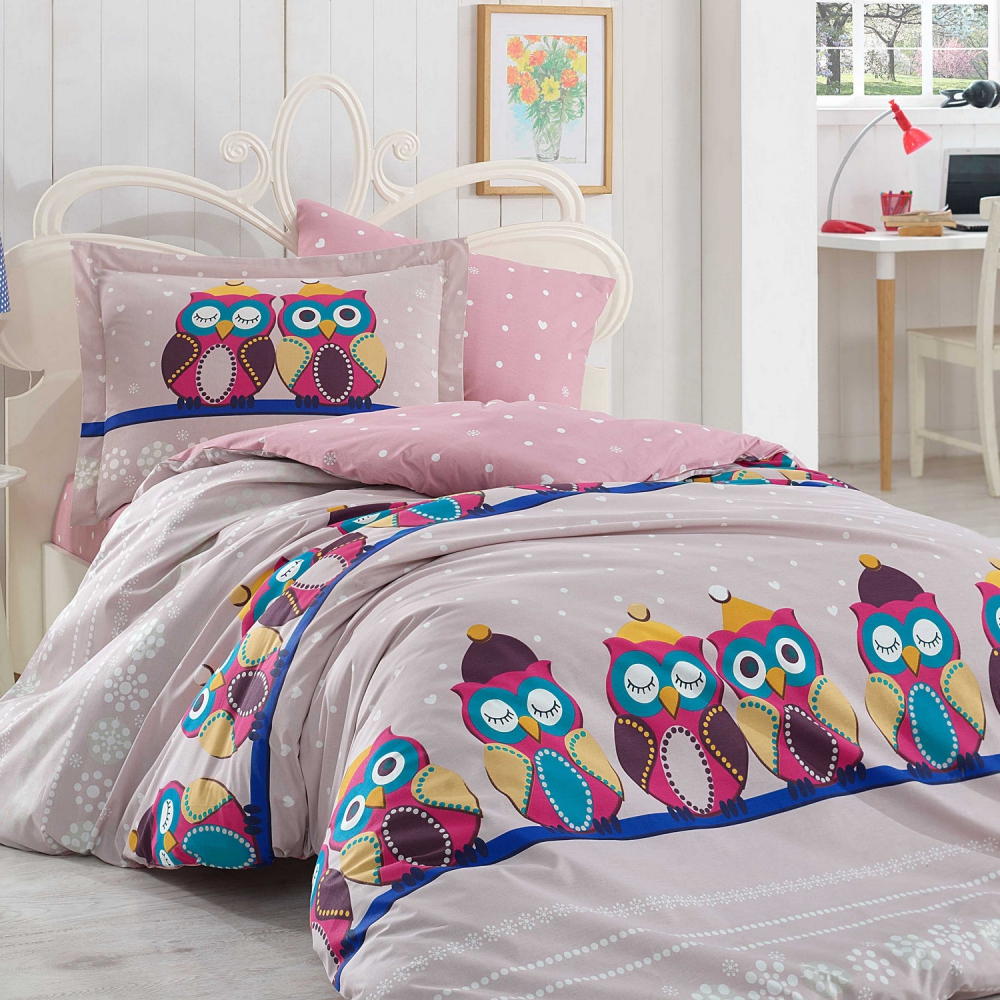 Komplet pościeli Little Owl 160x220 cm z poszewką na poduszkę 50x70 cm i z prześcieradłem popielato-pudrowy - zdjęcie 1