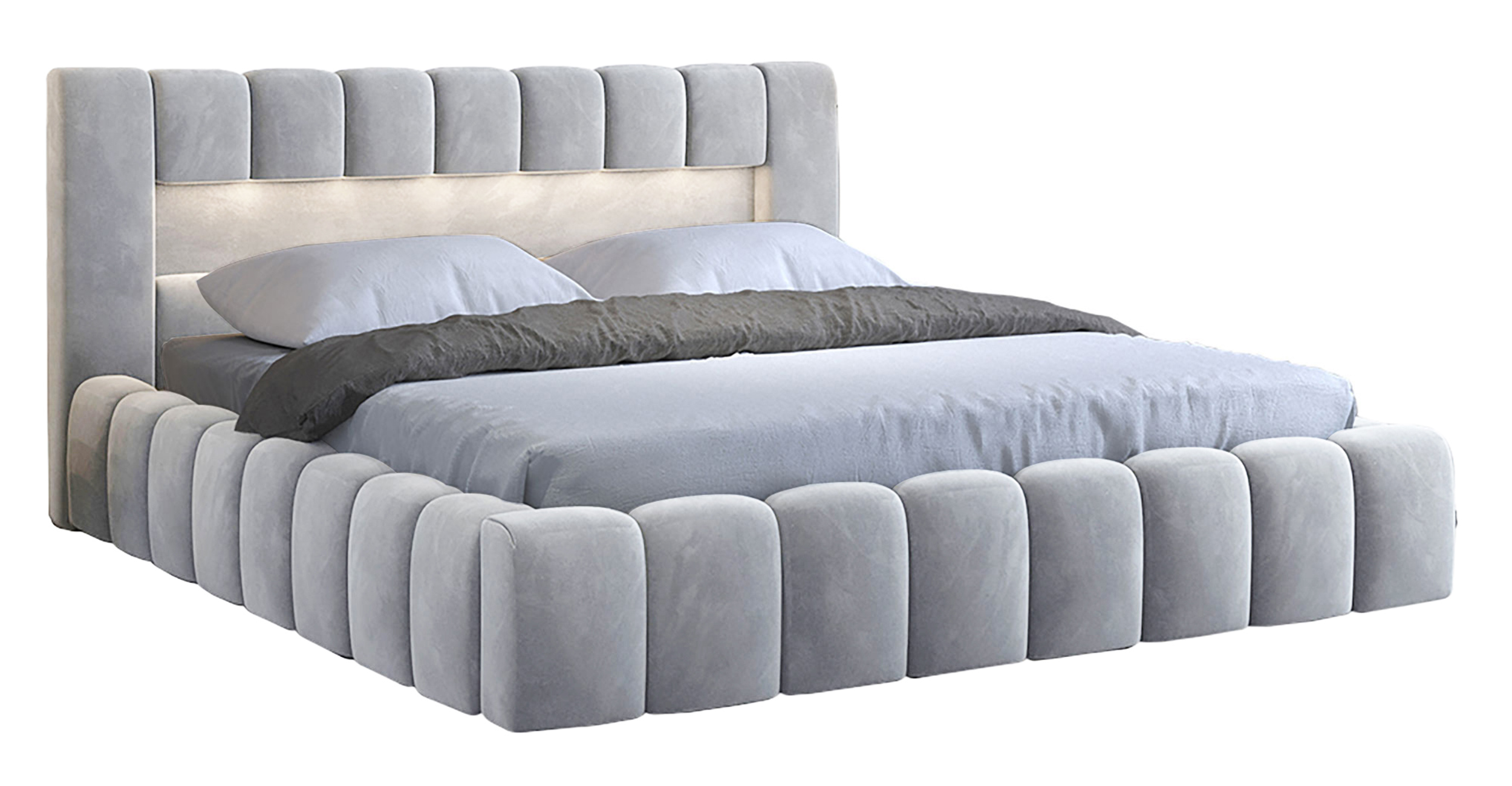 Łóżko tapicerowane 160x200 cm Rodeiro z pojemnikami i oświetleniem z metalowym stelażem jasnoszare welwet hydrofobowy - zdjęcie 1