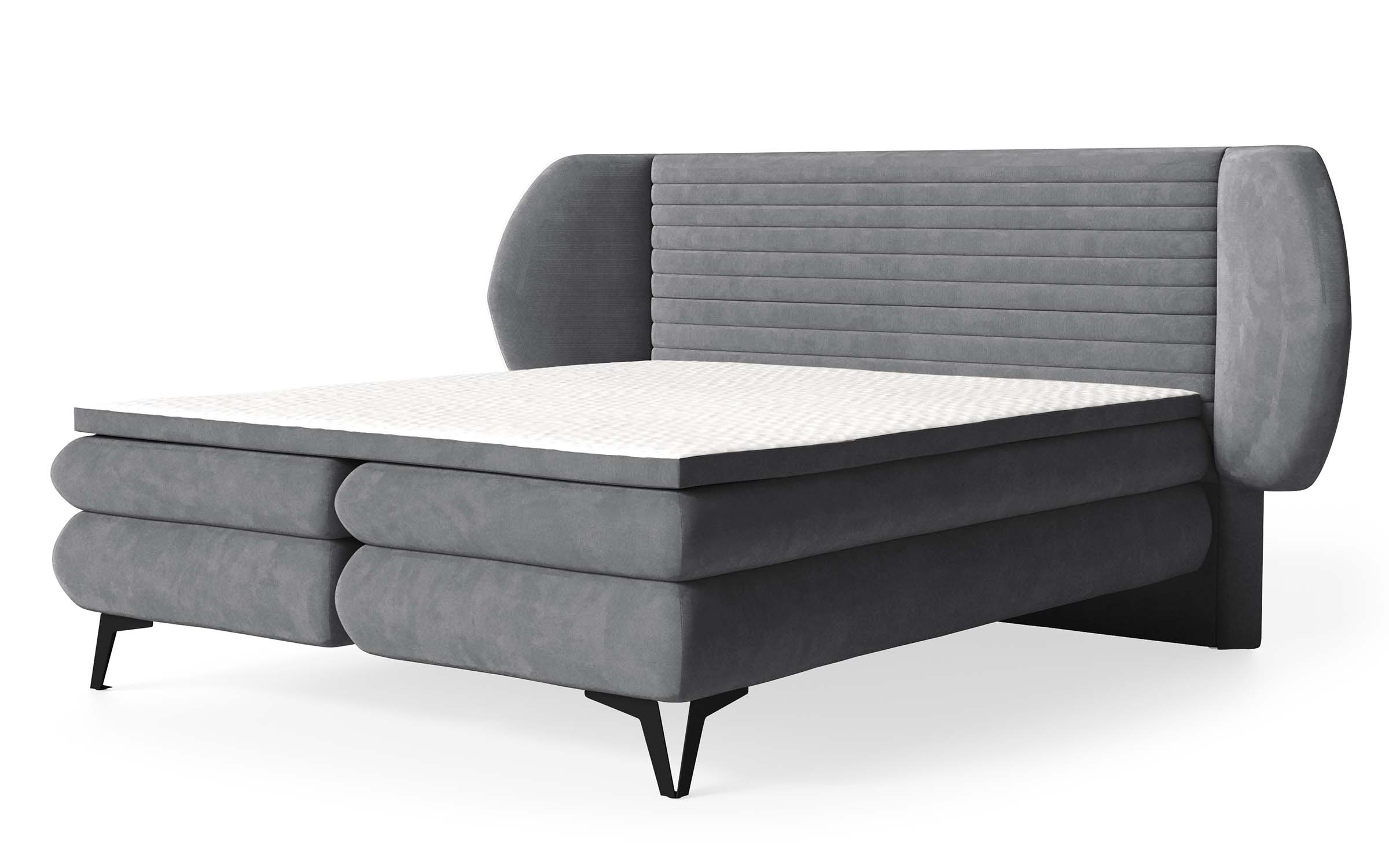 Łóżko kontynentalne 180x200 cm Cermone z pojemnikami i topperem poziome przeszycia na wezgłowiu szare