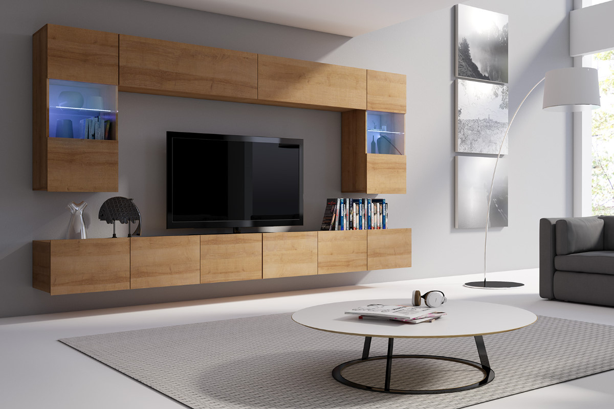 Meblościanka Kirdon z wiszącymi witrynami i długą szafką rtv Dąb złoty - zdjęcie 2