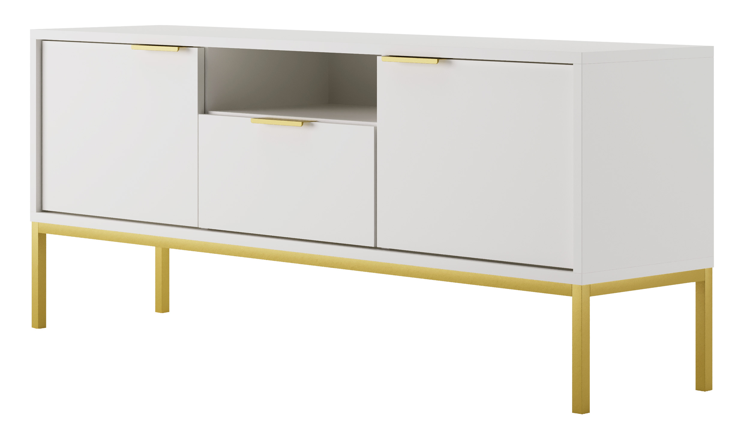 Szafka RTV dwudrzwiowa Diargo 135 cm z szufladą i wnęką biała na złotym stelażu - zdjęcie 1