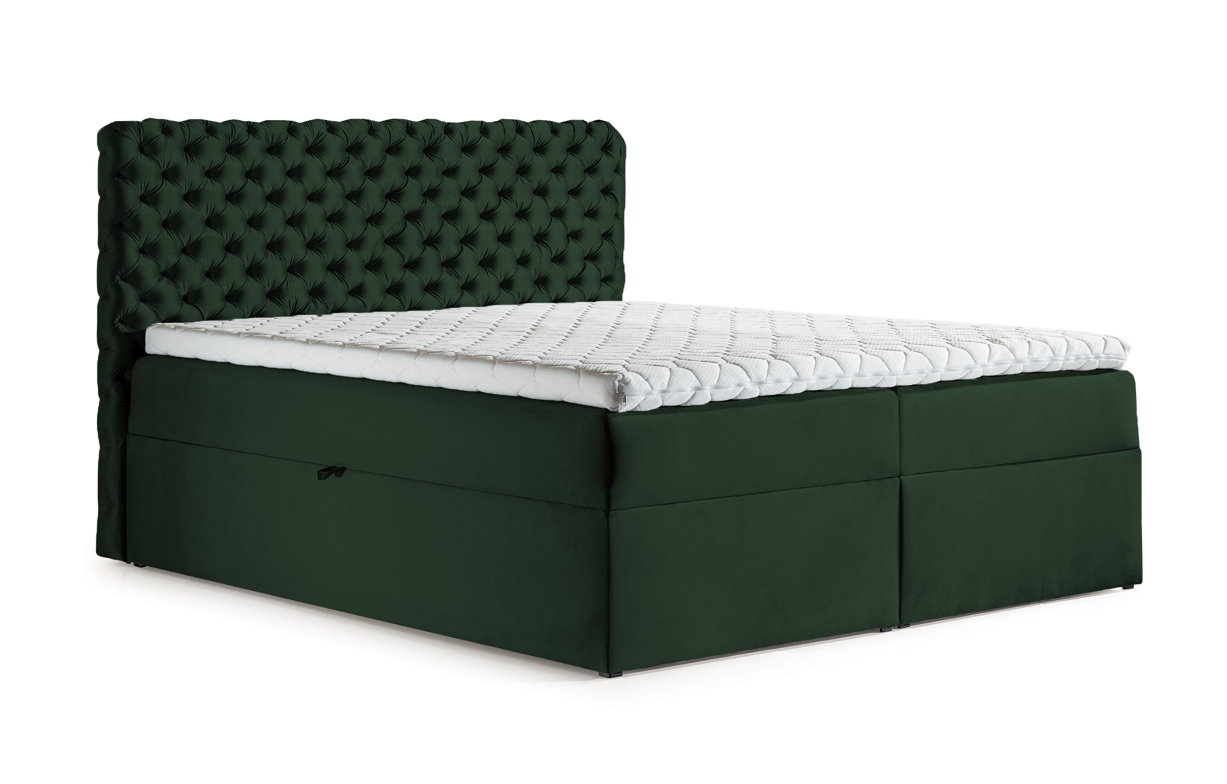 Łóżko kontynentalne Costmary 140x200 z dwoma pojemnikami, materacem i topperem ciemnozielone hydrofobowe - zdjęcie 1