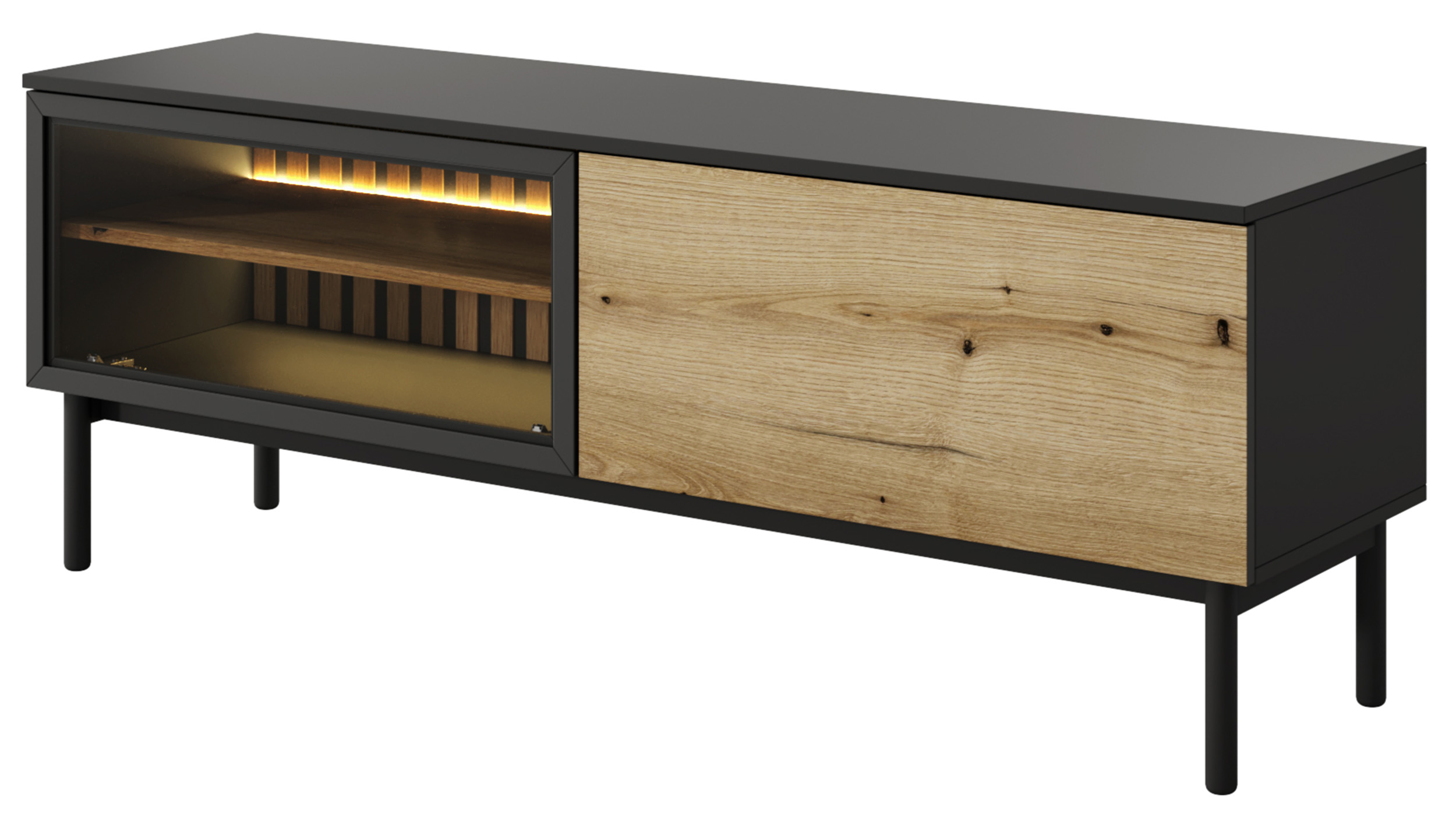 Szafka RTV Lang 150 cm z lamelami i oświetleniem LED czarny / dąb evoke - zdjęcie 1