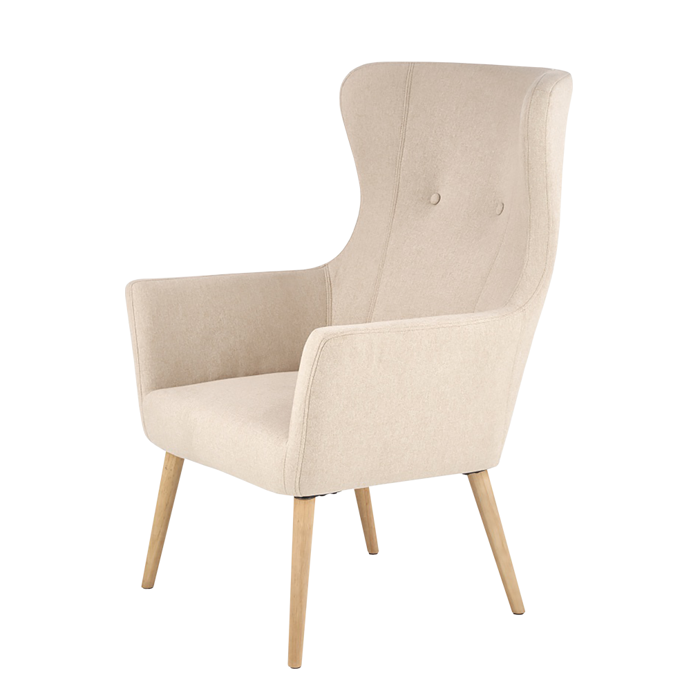 Fotel Emifban na drewnianych nogach - beżowe tapicerowanie - zdjęcie 1