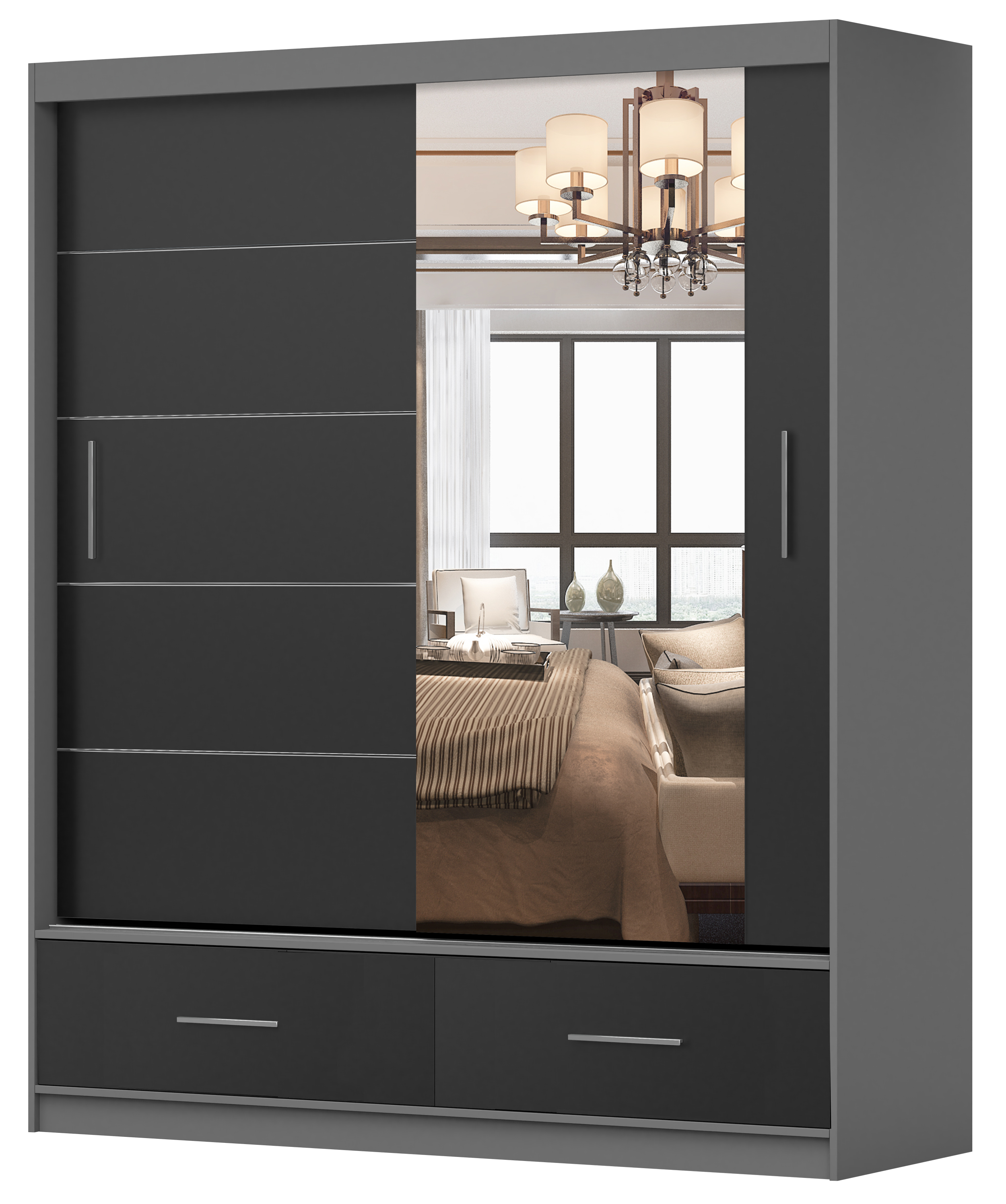 Szafa przesuwna Follrina 150 cm z lustrem szara/czarny - zdjęcie 1