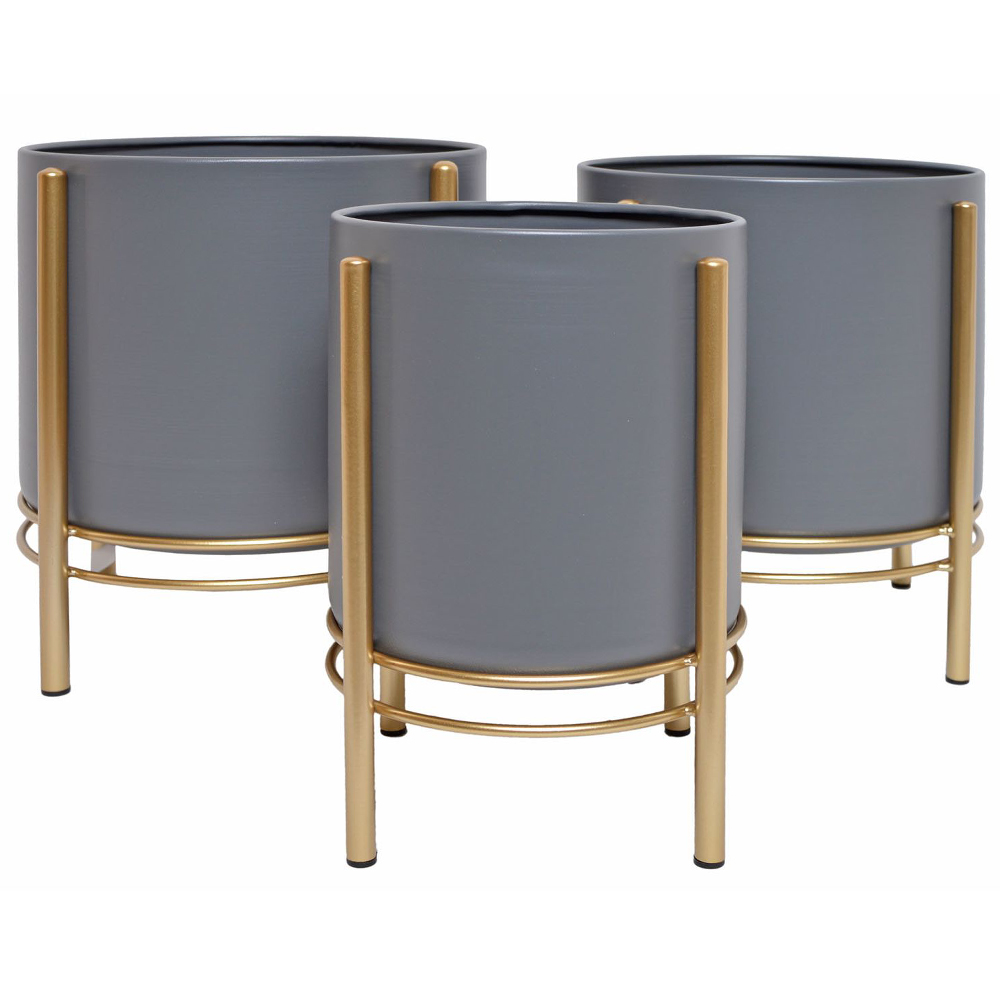 Zestaw trzech doniczek Trantory szare na złotym stelażu - zdjęcie 1