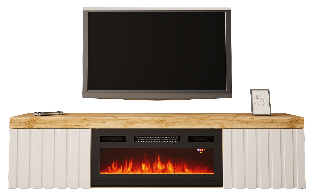 Szafka RTV Kalva 180 cm z kominkiem elektrycznym dąb wotan / biały połysk lamele