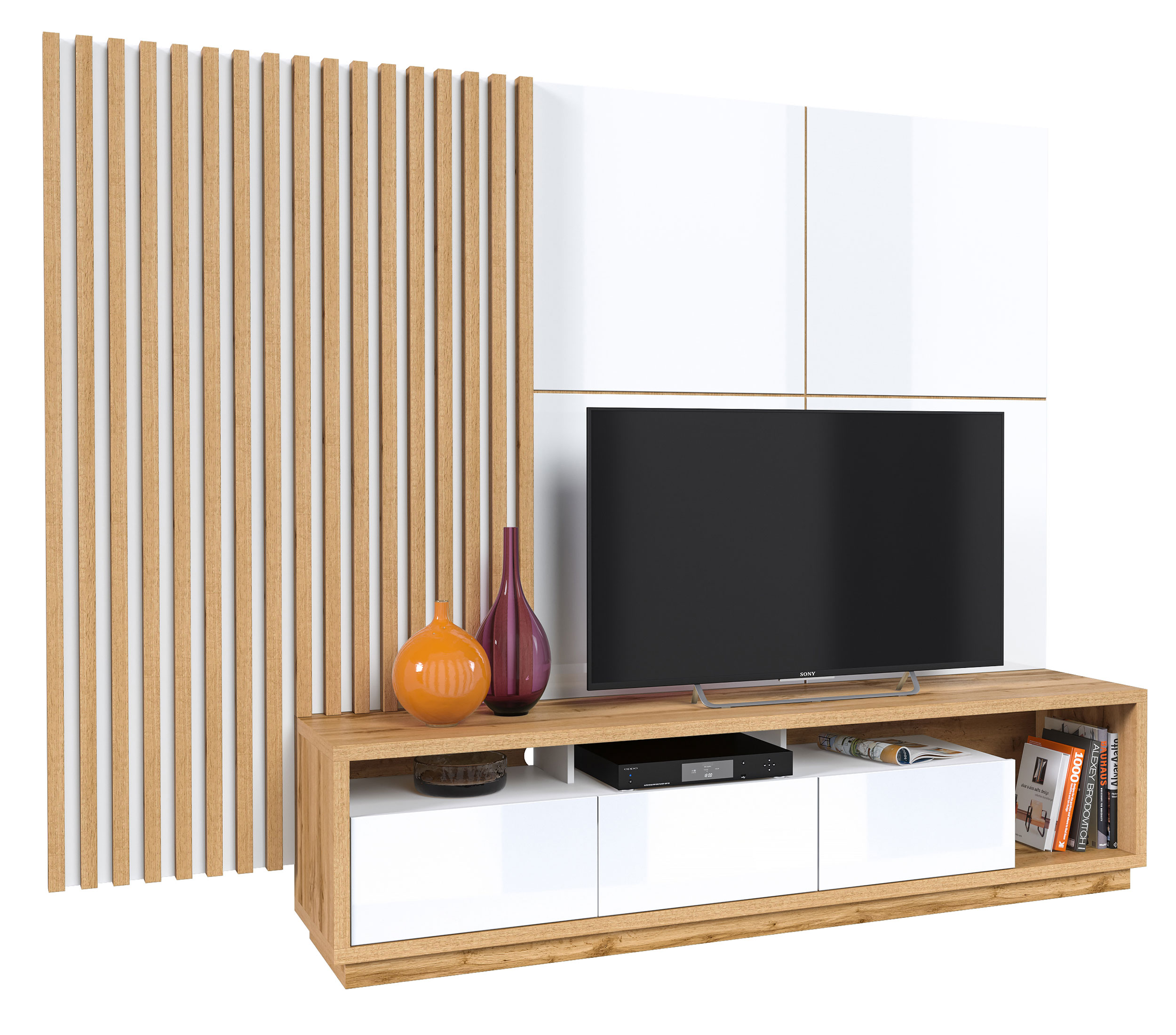Szafka RTV Timellin 200 cm dąb wotan/biała z szerokim panelem ściennym lamelowym