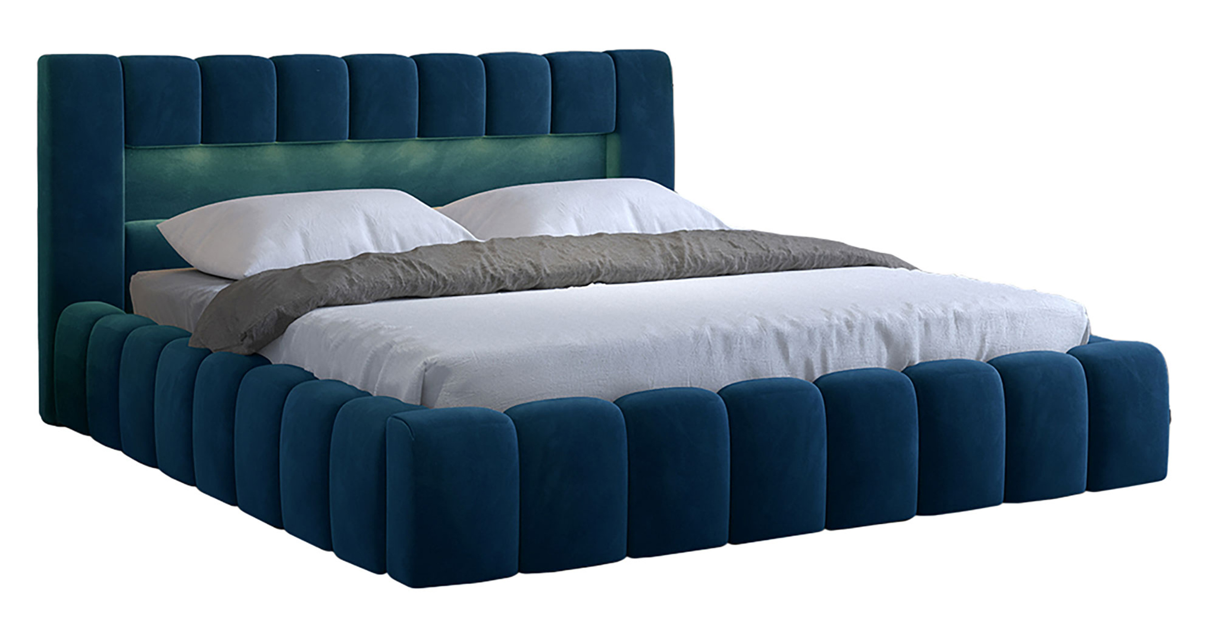 Łóżko tapicerowane 160x200 cm Rodeiro z pojemnikami i oświetleniem z metalowym stelażem granatowe welwet hydrofobowy - zdjęcie 1