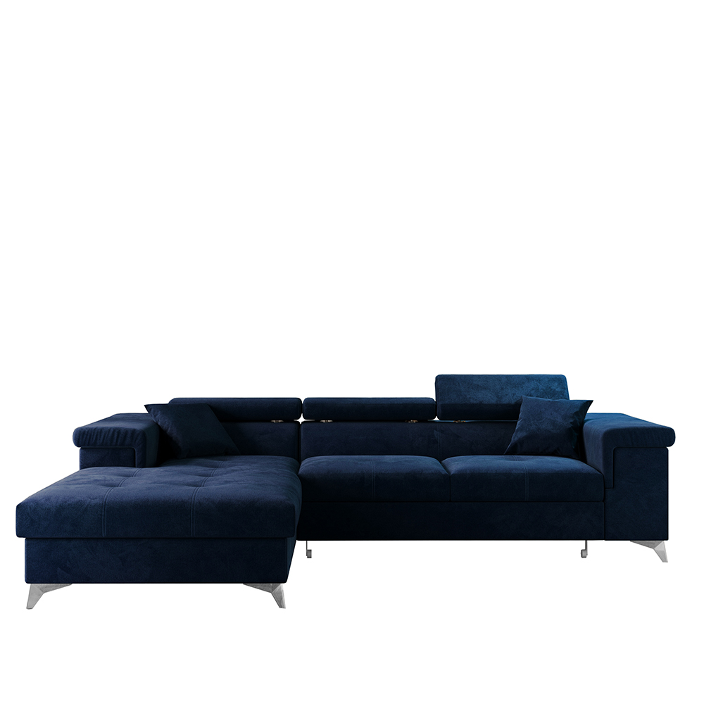 Narożnik z funkcją spania Mikkara L-kształtny z pojemnikiem granatowy welur hydrofobowy lewostronny